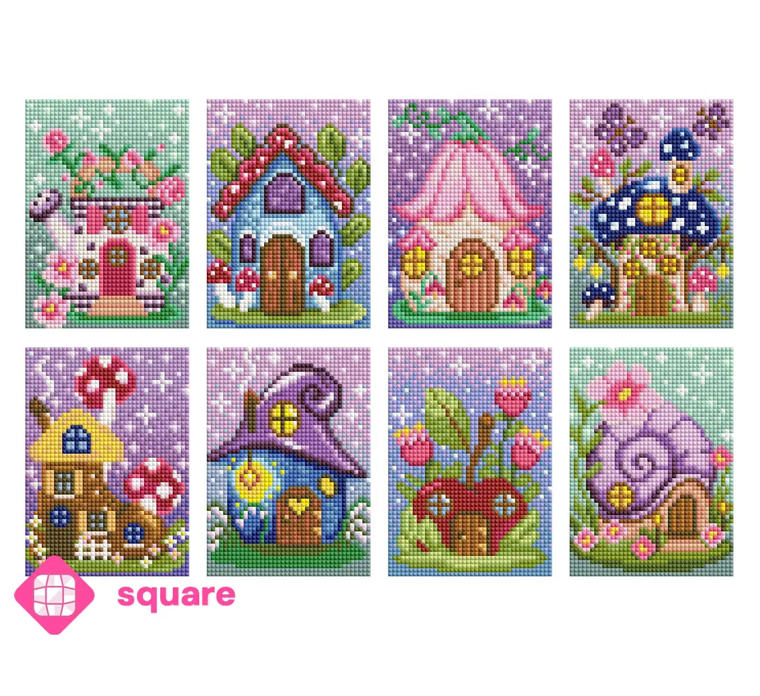 Diamond Painting Vorschau mit kleinen Fantasy Motiven mit niedlichen Feenhäuschen in Blüten, Pilzen, Schneckenhäusern, Äpfeln und Teekannen