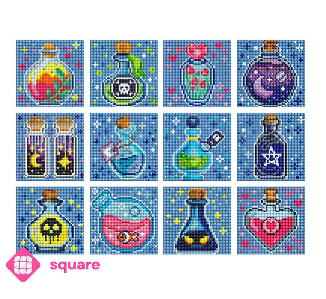 Diamond Painting Vorschau mit 12 Mini Motiven rund um Zaubertränke und Magie