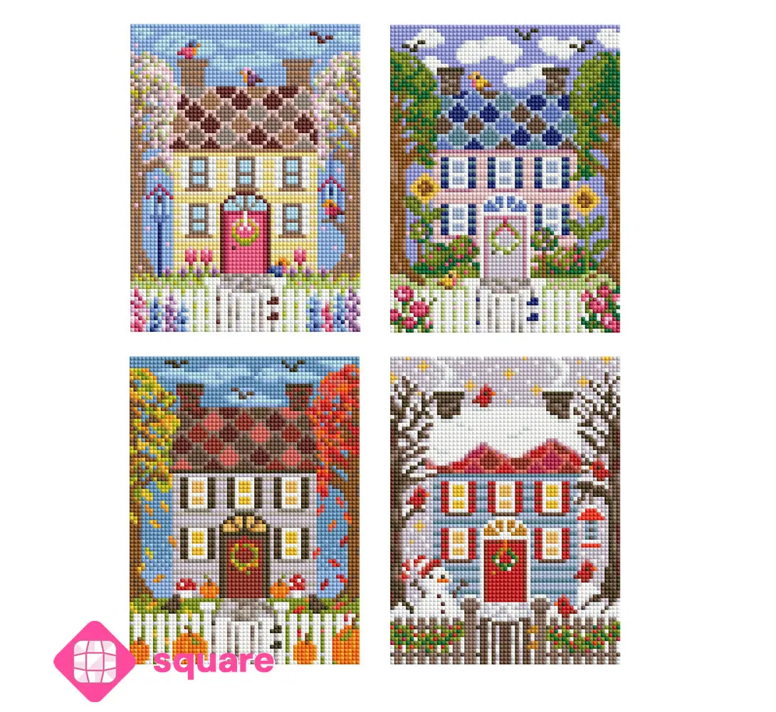 Diamond Painting Vorschau von 4 kleinen Bildern als Jahreszeiten Set mit einem Häuschen im Frühling, Sommer, Herbst und Winter