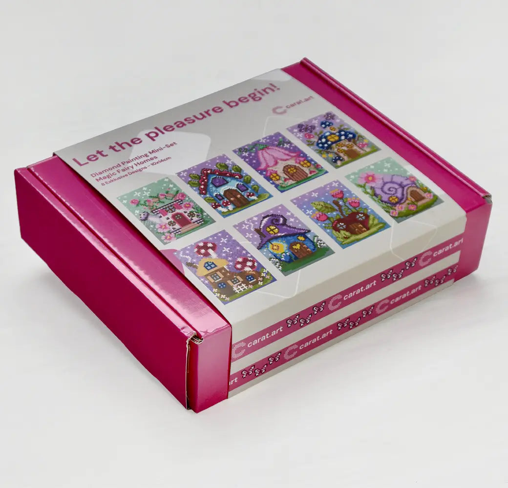 Diamond Painting Mini Set mit 8 Fantasy Motiven mit Feen-Häuschen in dekorativer Box