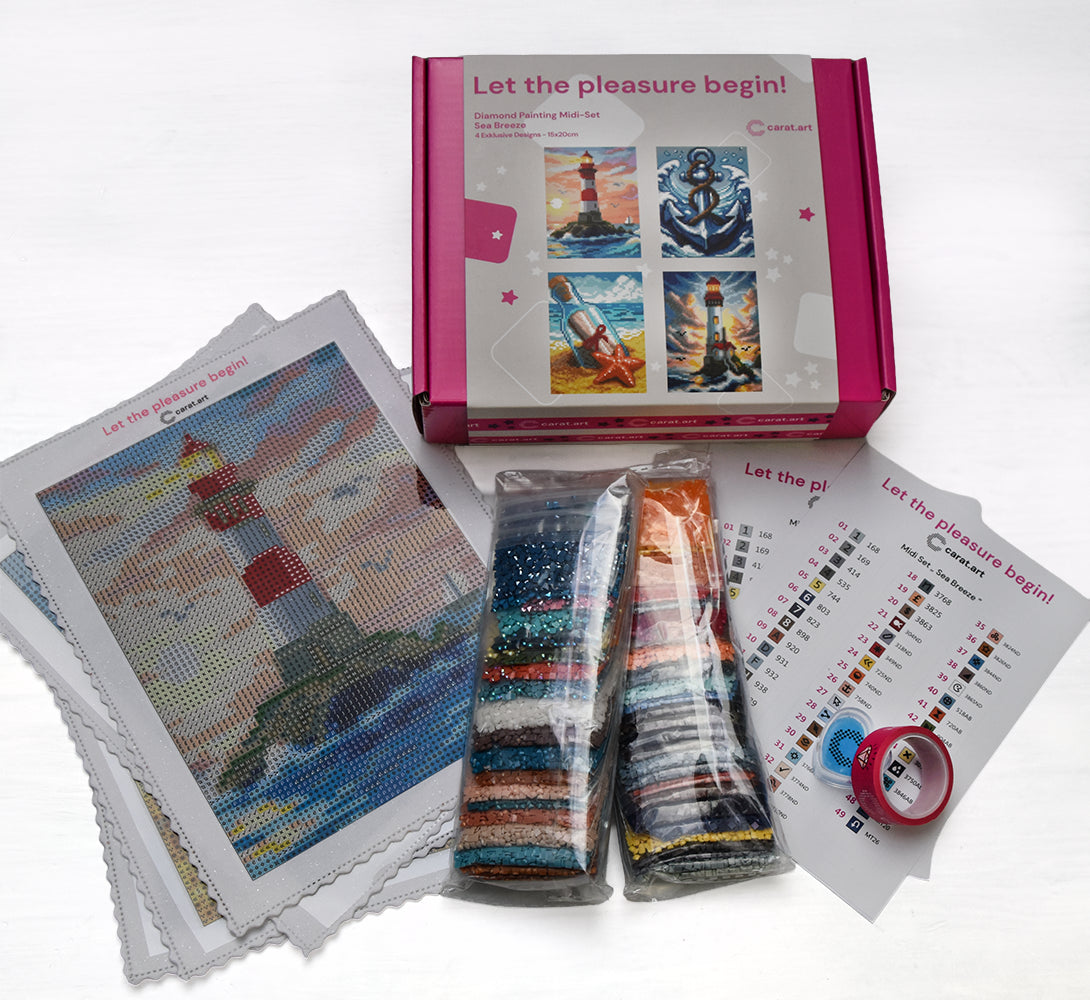 Diamond Painting Set von Carat Art mit 4 kleinen Meer Motiven mit Anker, Leuchtturm und Flaschenpost inklusive Setinhalt mit Harzsteinen, Zubehör und schön gestalteter Box