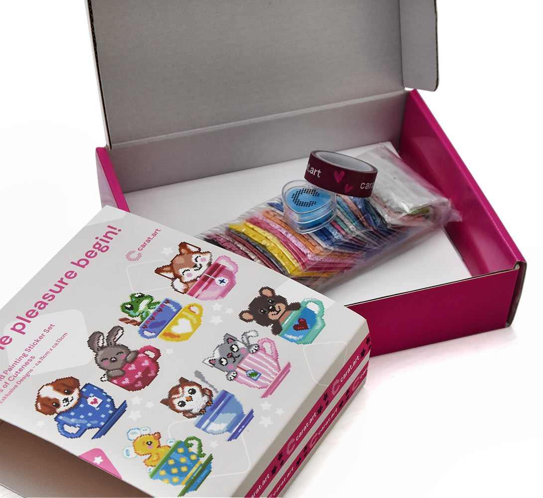 Diamond Painting Sticker mit Tieren in Tassen Motiven als Set mit Zubehör in Box