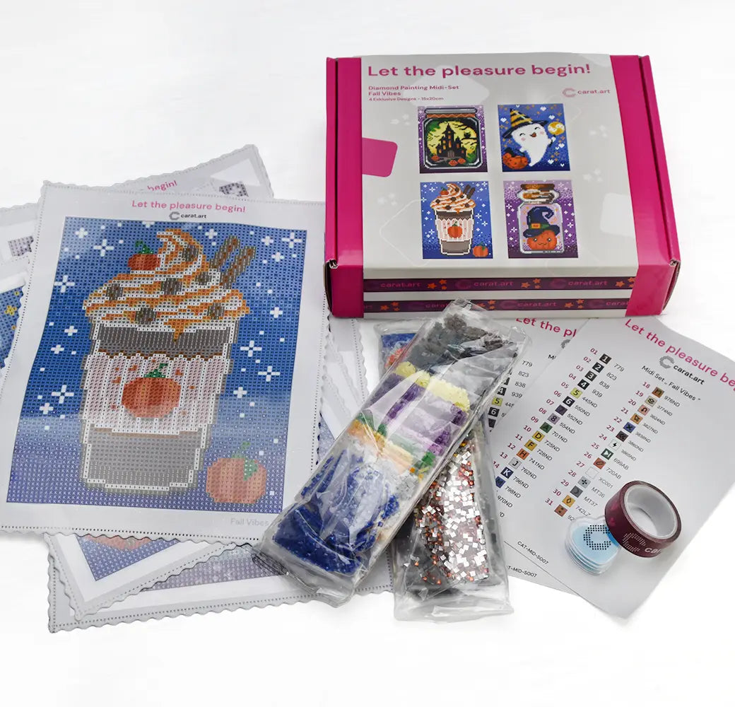 Diamond Painting Set mit kompletten Se-Inhalt von Leinwänden, Steinchen und Zubehör mit Herbst und Halloween Motiven