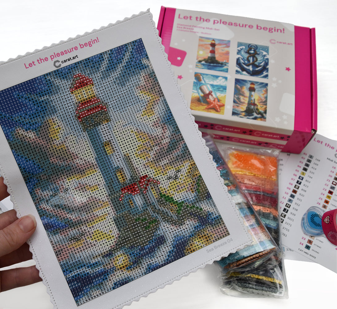 kleine Diamond Painting Leinwand mit Leuchtturm Motiv aus einem Set von 4 kleinen Diamond Painting Leinwänden von Carat Art