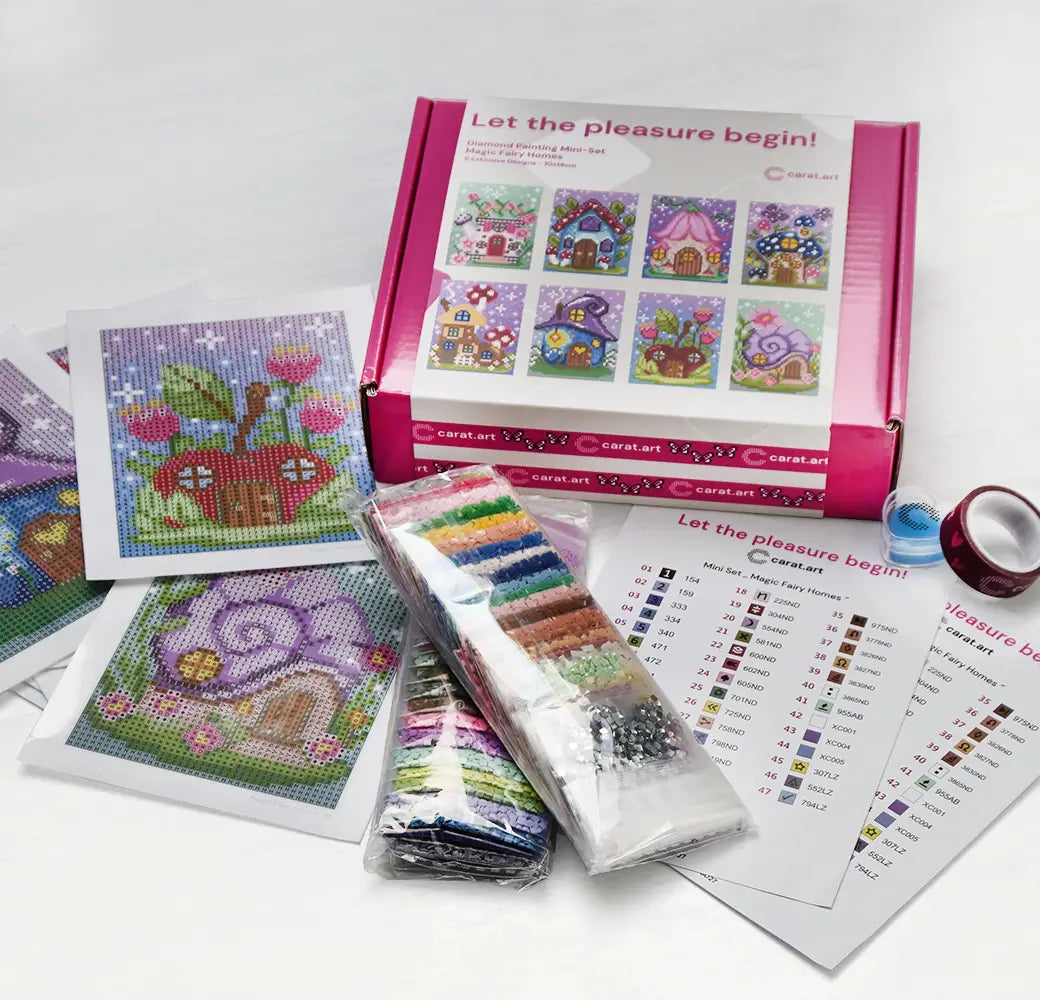 Diamond Painting Mini Set mit Box, Legende, Harzsteinen und Zubehör und 8 kleinen Leinwänden mit Feenmotiven