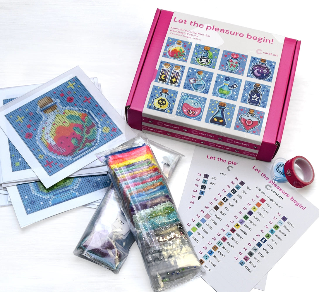 Diamond Painting Mini Set mit Zaubertrank Motiven, 12 kleine Leinwände, Harzsteine und Zubehör
