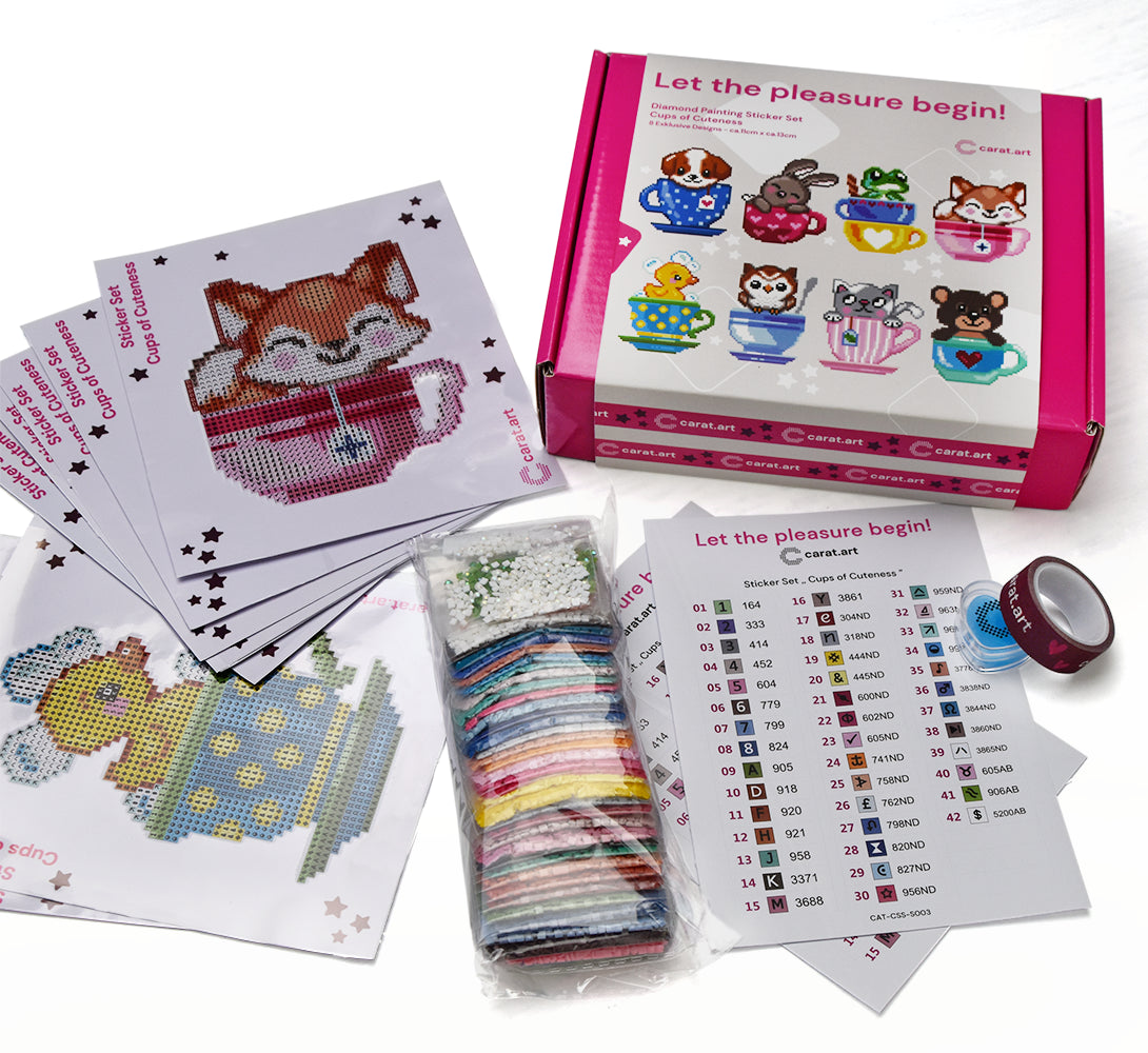 Diamond Painting Sticker Set mit 8 verschiedenen Stickerbögen und niedlichen Tier Motiven inklusive Zubehör und Box