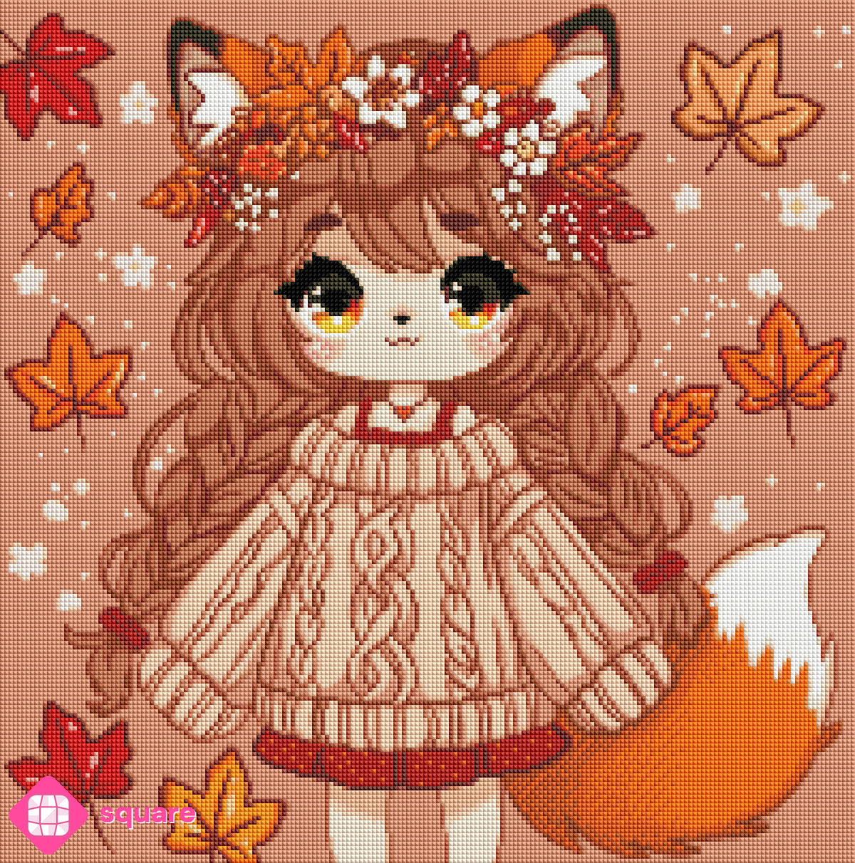 Diamond Painting Vorschau mit Fuchs Mädchen und warmen Herbstfarben