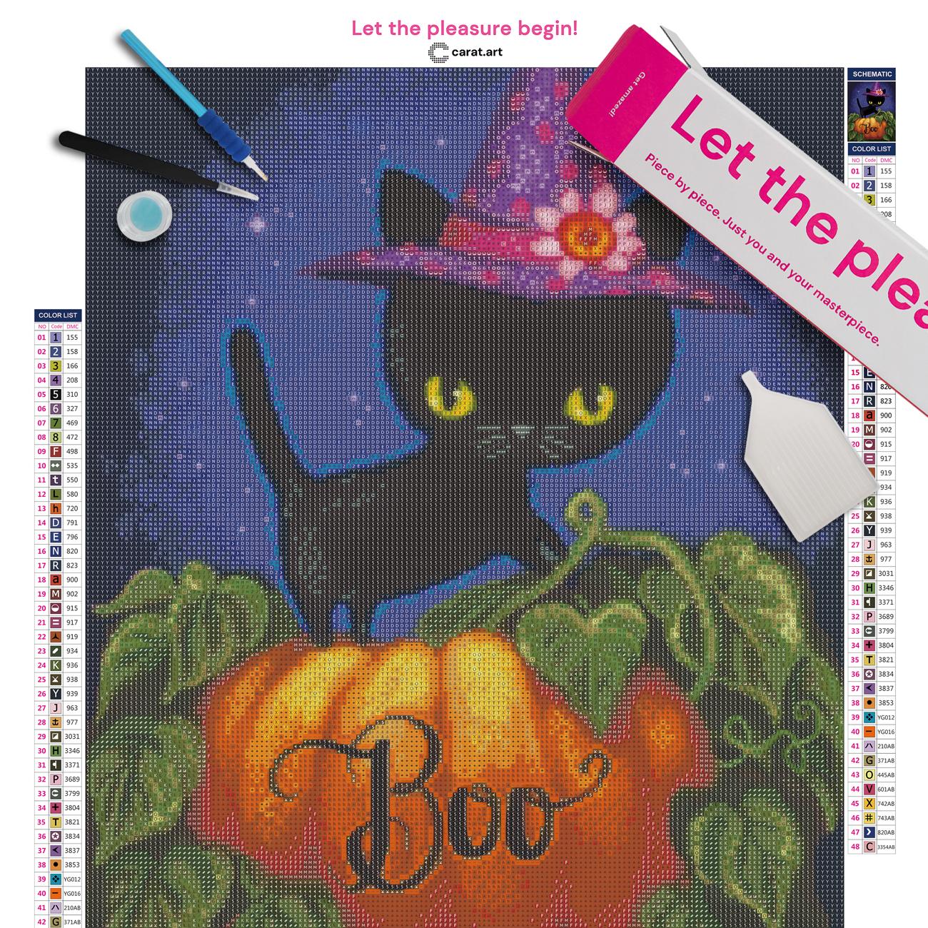 Diamond Painting Set mit Halloween Katzen Motiv, Leinwand, Carat Art Karton und Zubehör