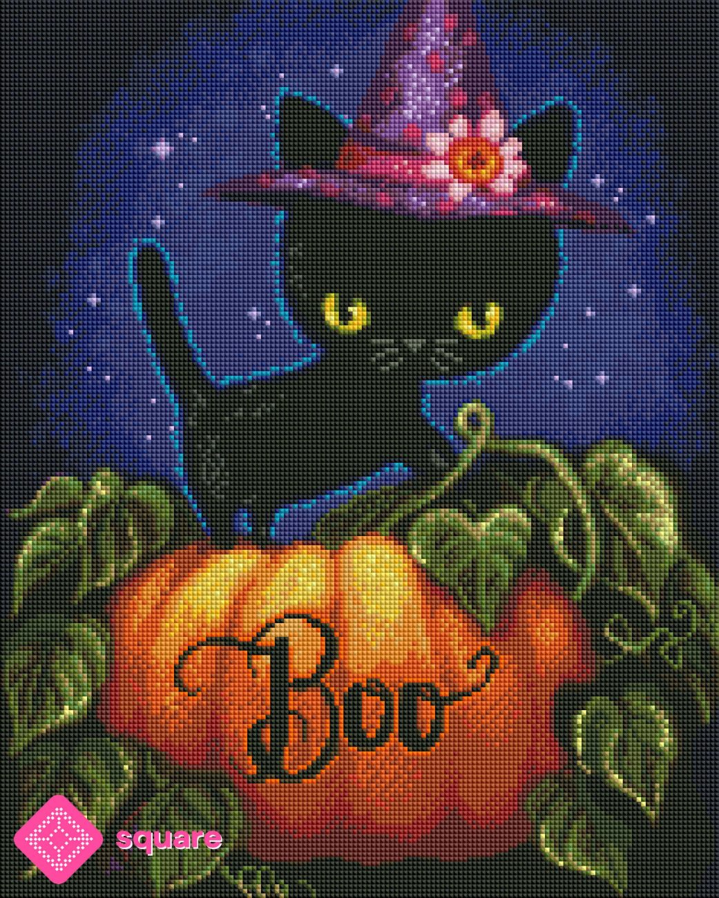 Diamond Painting Vorschau mit Katzen Motiv und Halloween Atmosphäre