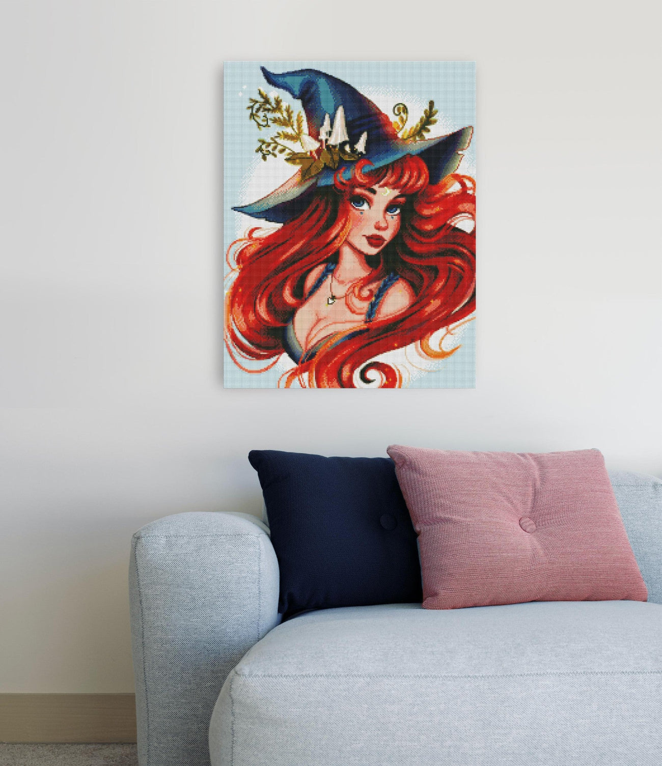 Diamond Painting Hexe mit Pilzhut und Farnen als zauberhafte Fantasy Wanddekoration für dein Zuhause