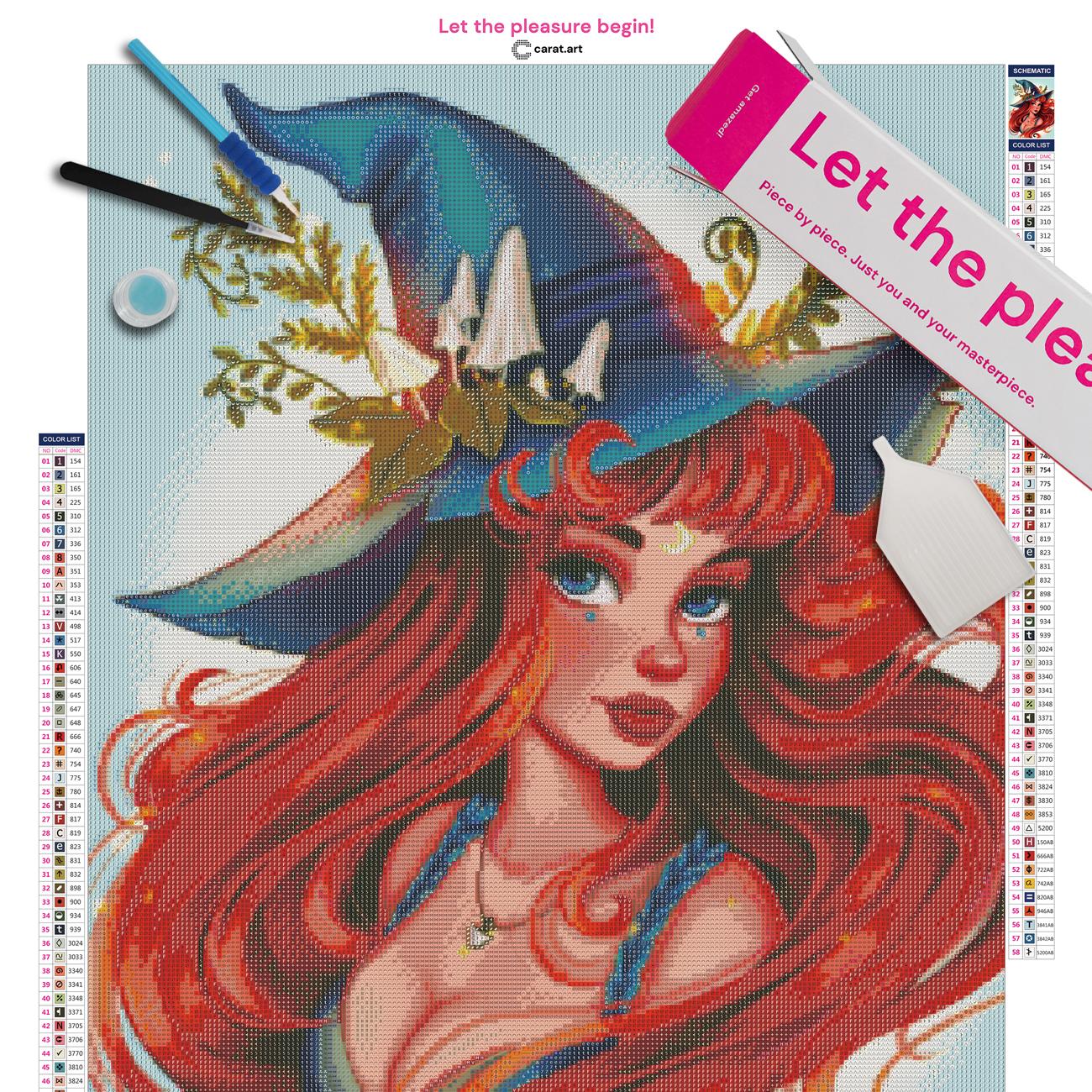 Premium Diamond Painting Set mit Hexe, Pilzen und Farnen, Leinwand und hochwertigem Zubehör