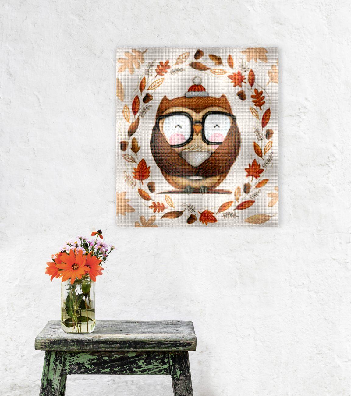 Diamond Painting Eule mit Kaffee Motiv als dekoratives Wandbild im Zuhause