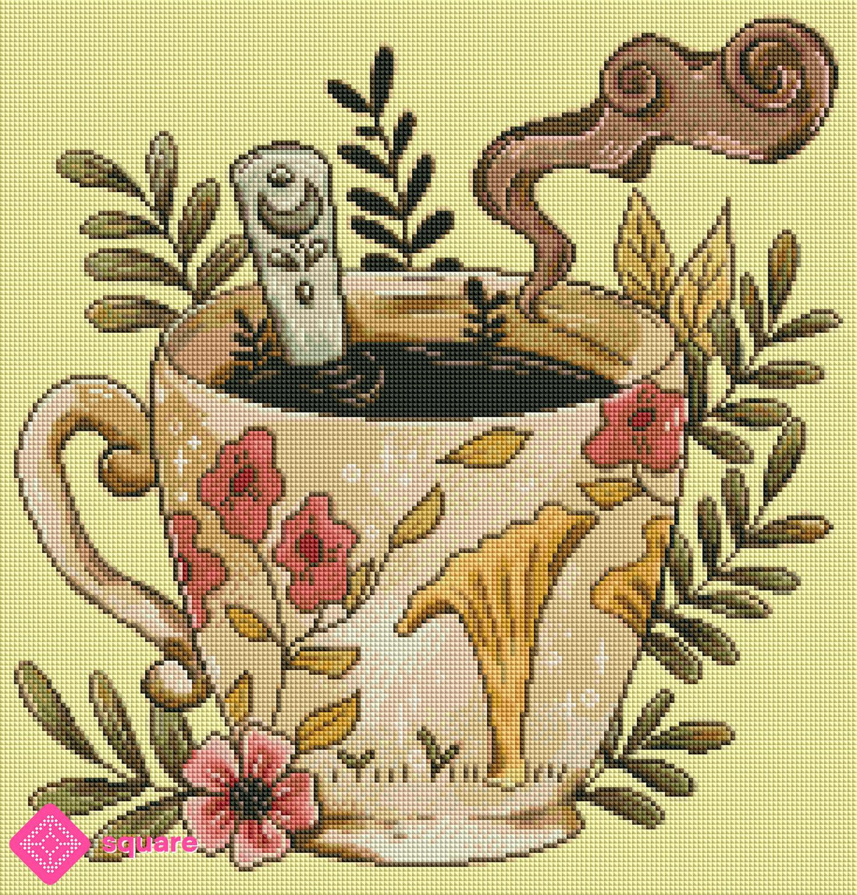 Diamond Painting Vorschau mit Kaffee Motiv und warmen Farben