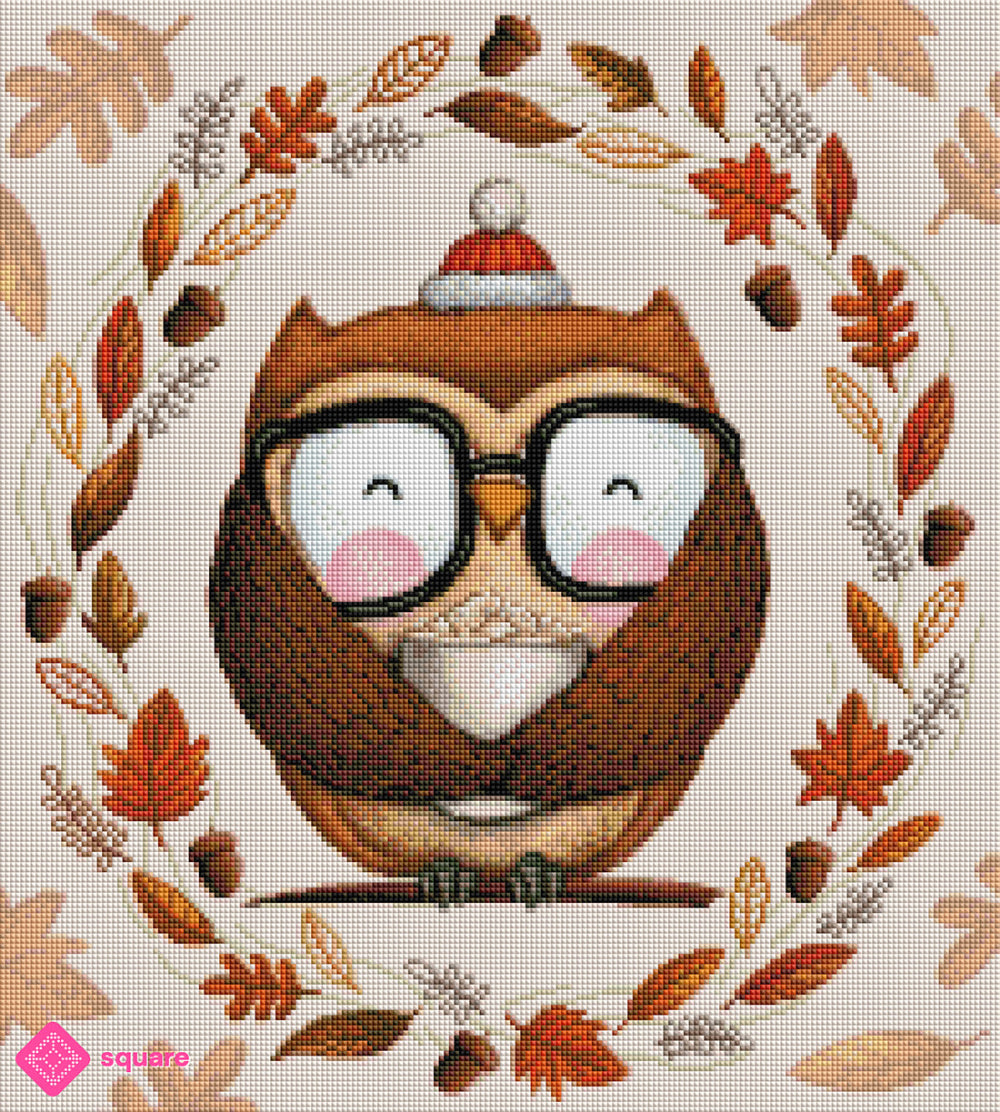 Diamond Painting Vorschau eines Motivs mit Eule mit Brille, Kaffee Becher und herbstliche Blätter in funkelnder Steinoptik 