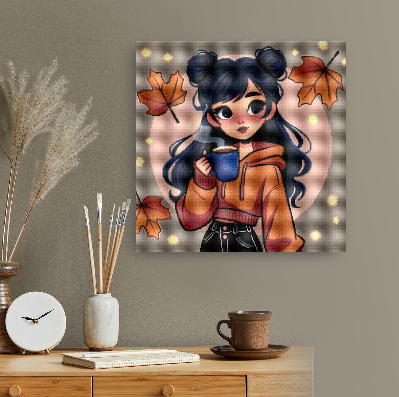 Diamond Painting Herbst Motiv mit Mädchen und Kaffee als gemütlicher Blickfang für dein Zuhause