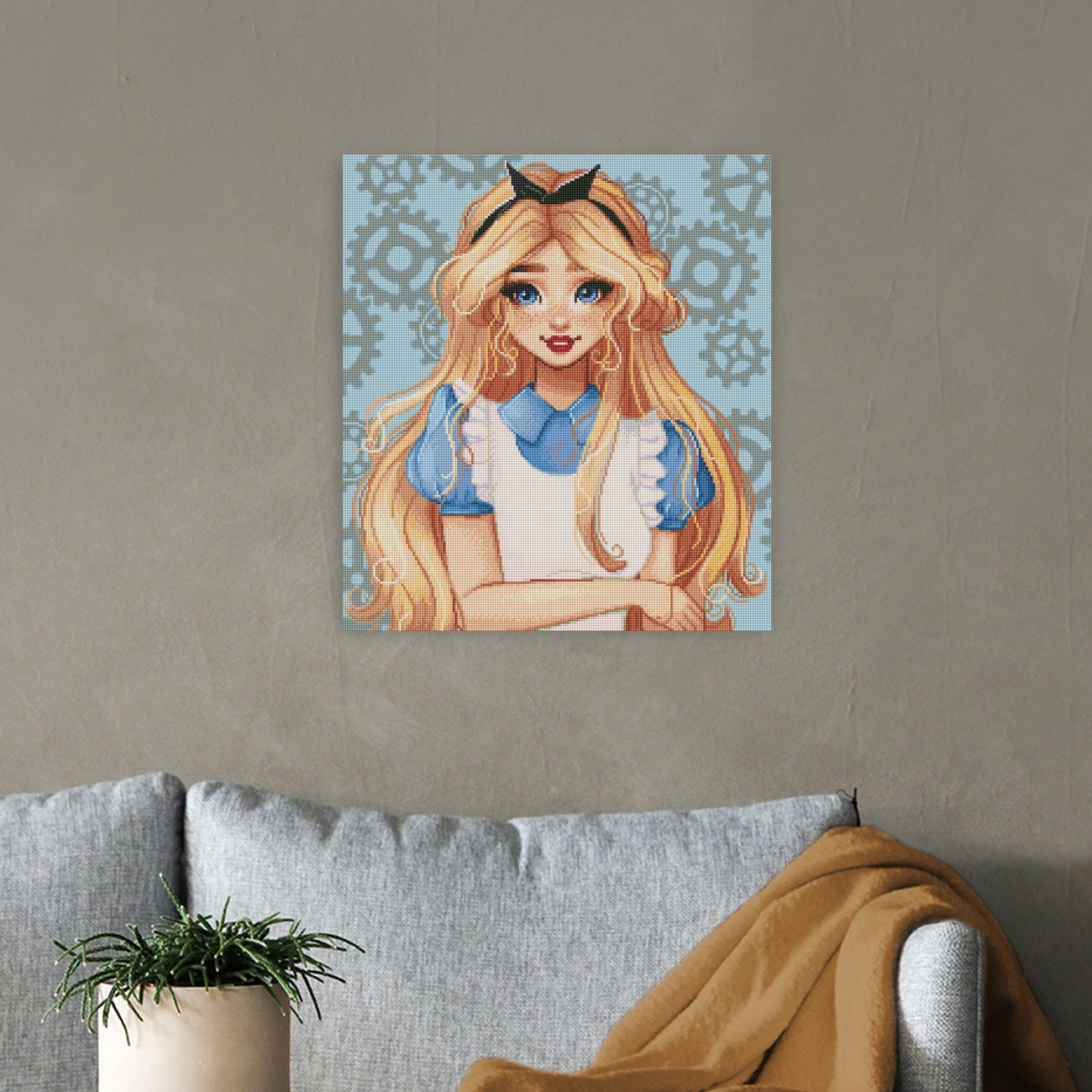 Fantasievolles Diamond Painting mit Alice und mechanischem Uhrwerk als außergewöhnliche Wanddekoration