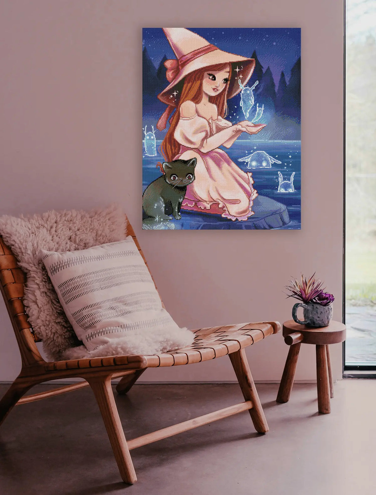Magisches Diamond Painting mit Hexe und schwarzer Katze am Fluss als stimmungsvolle Fantasy Wanddekoration