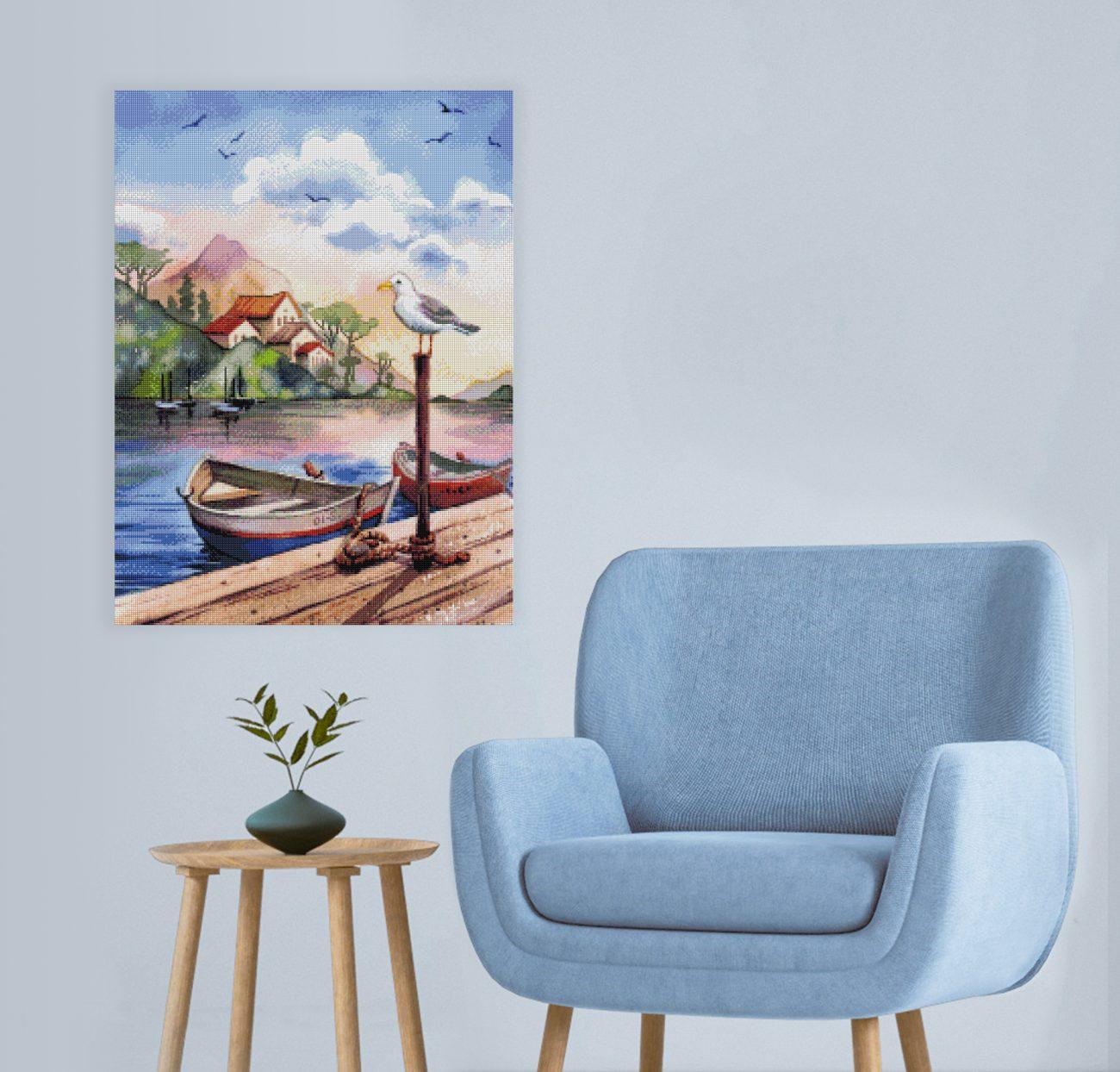 Stimmungsvolles Diamond Painting mit idyllischem Bergsee und Berglandschaft als dekorative Wanddekoration