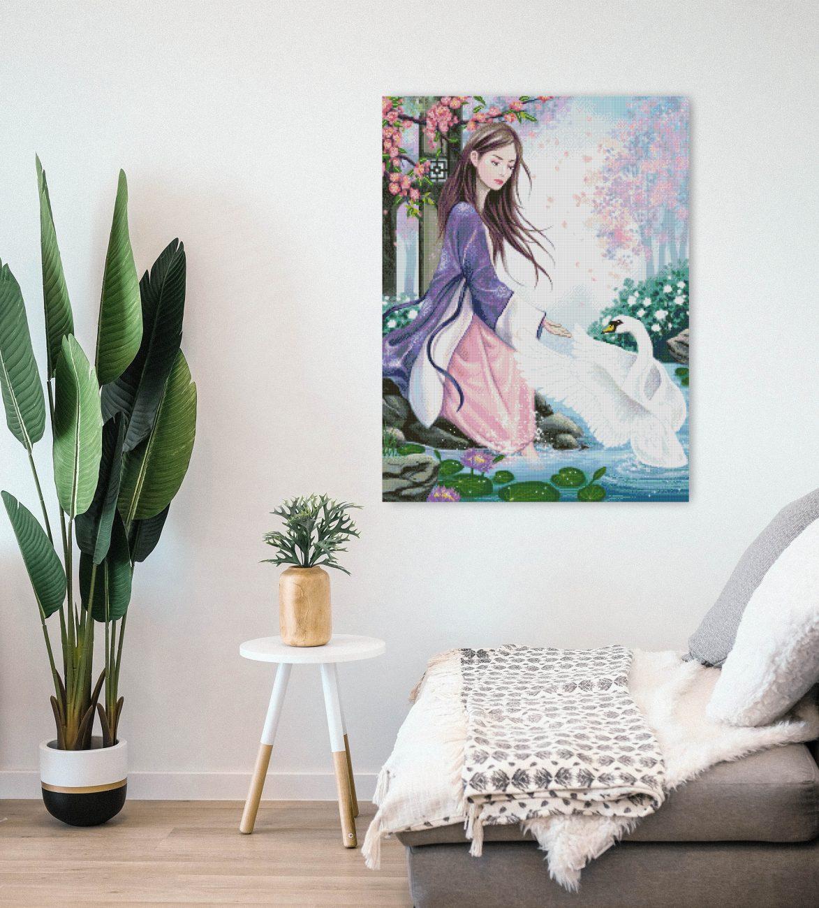 Diamond Painting Mädchen mit Schwan im asiatischen Garten als elegante Wanddekoration