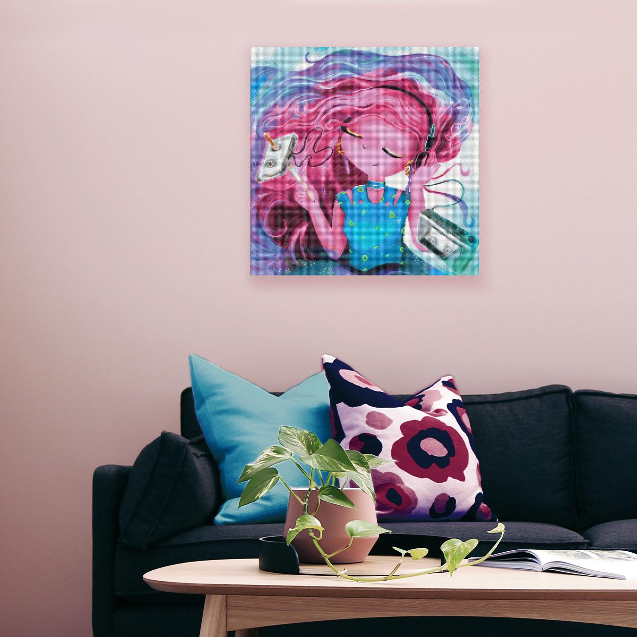 Buntes 90er Jahre Diamond Painting mit Retro Girl und Musikmotiven als nostalgische Wanddekoration