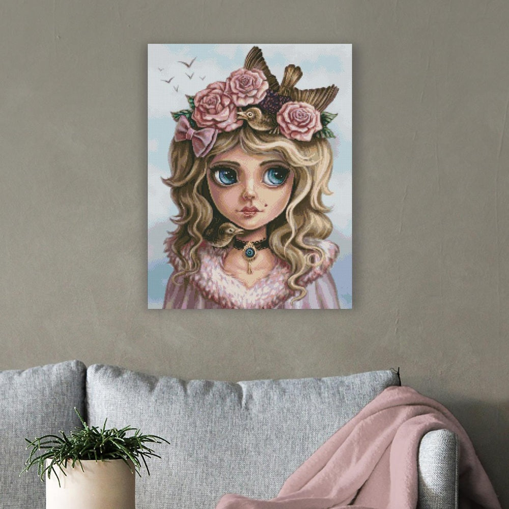 Verträumtes Diamond Painting mit Mädchen, Rosenkrone und Vögeln als romantische Wanddekoration