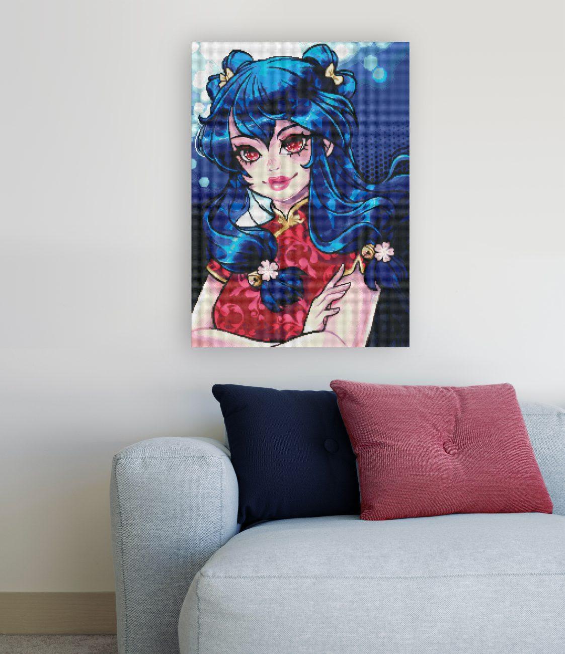 Ausdrucksstarkes Diamond Painting mit blauhaarigem Mädchen in rotem Kleid als farbenprächtige Wanddekoration