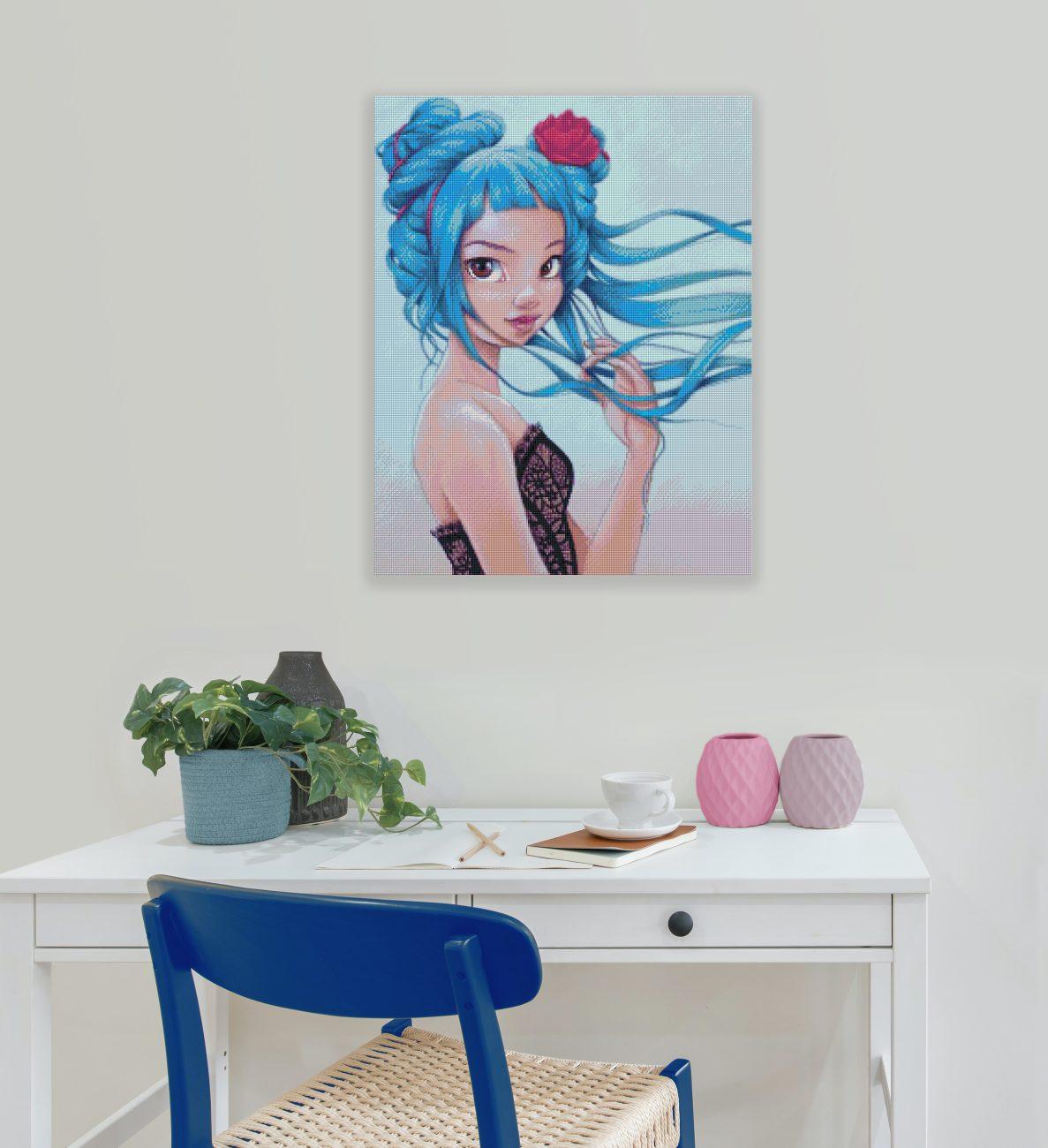 Diamond Painting Blue Girl mit blauen Haaren als elegante Portrait Wanddekoration für dein Zuhause