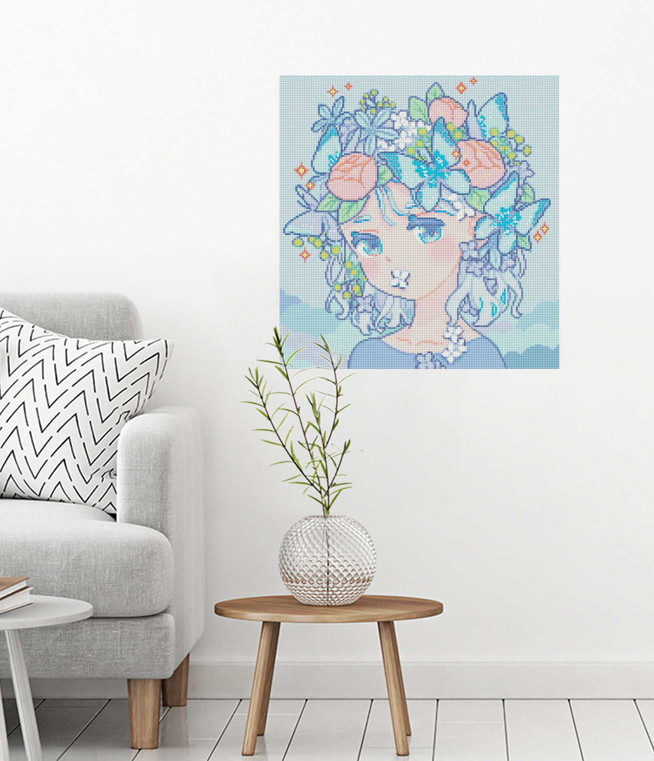 Diamond Painting Mädchen mit Blumen und Schmetterlingen als elegante Wanddekoration im Wohnbereich
