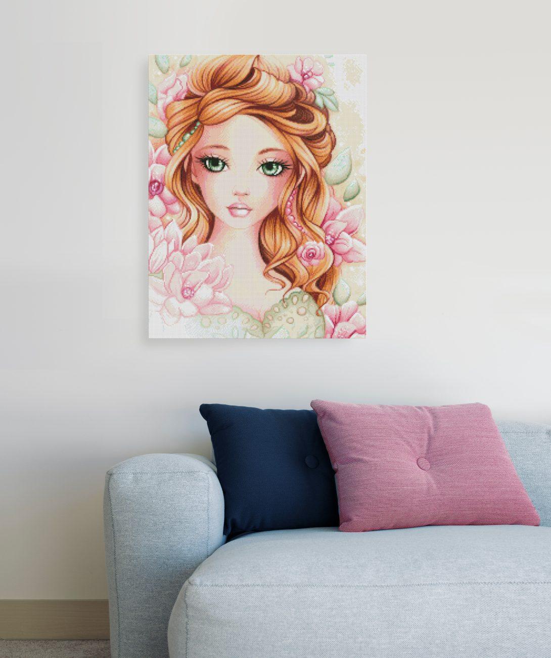 Diamond Painting Camellia Portrait mit rosa Blüten als elegante florale Wanddekoration