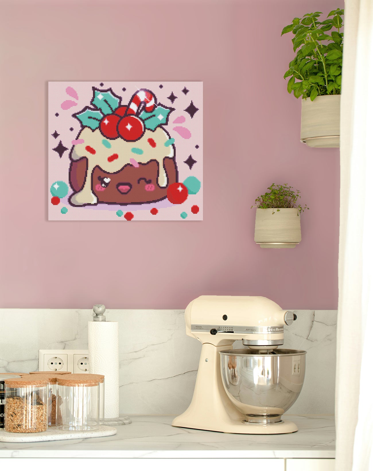 Niedliches Kawaii Diamond Painting mit Christmas-Pudding, weißer Glasur, Zuckerstange, Beeren und Sternen als festliche Wanddekoration für Küche oder Eßbereich