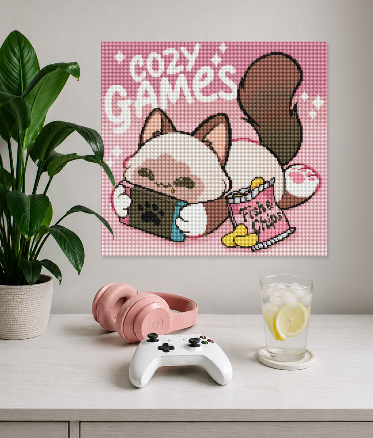 Verspieltes Kawaii-Diamond-Painting mit Kätzchen, Controller und Snacks als dekorativer Blickfang für Gaming-Fans
