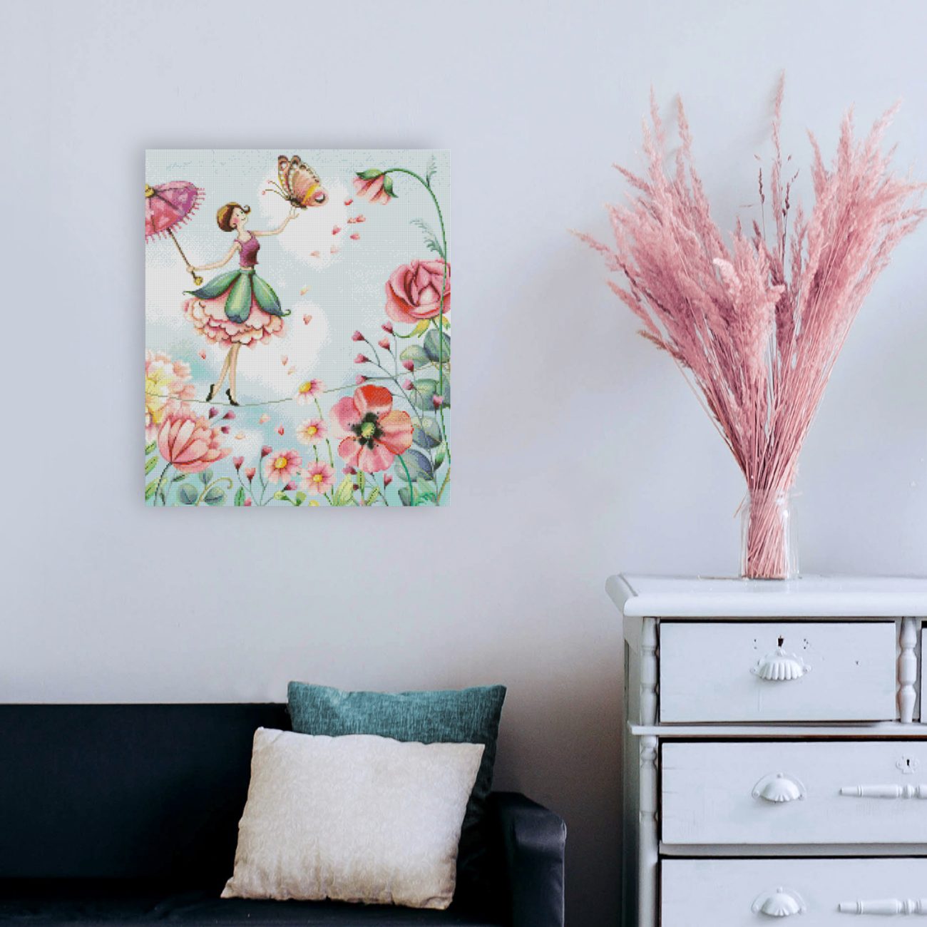 Diamond Painting Blumen Seiltänzerin mit Schmetterling als märchenhafte Wanddekoration