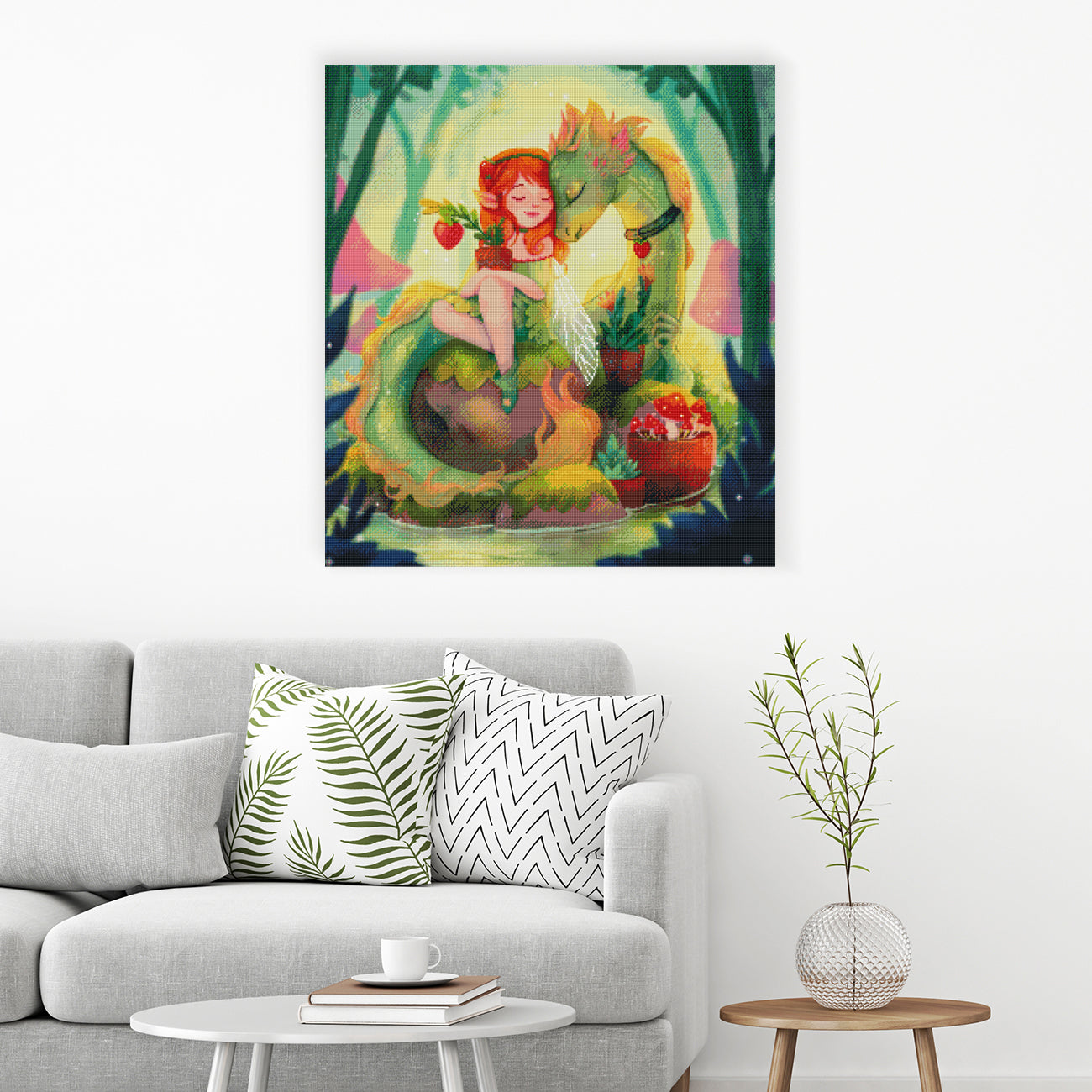 Märchenhaftes Diamond Painting mit Fee, grünem Drachen und Erdbeerpflanze als zauberhafte Fantasiedekoration
