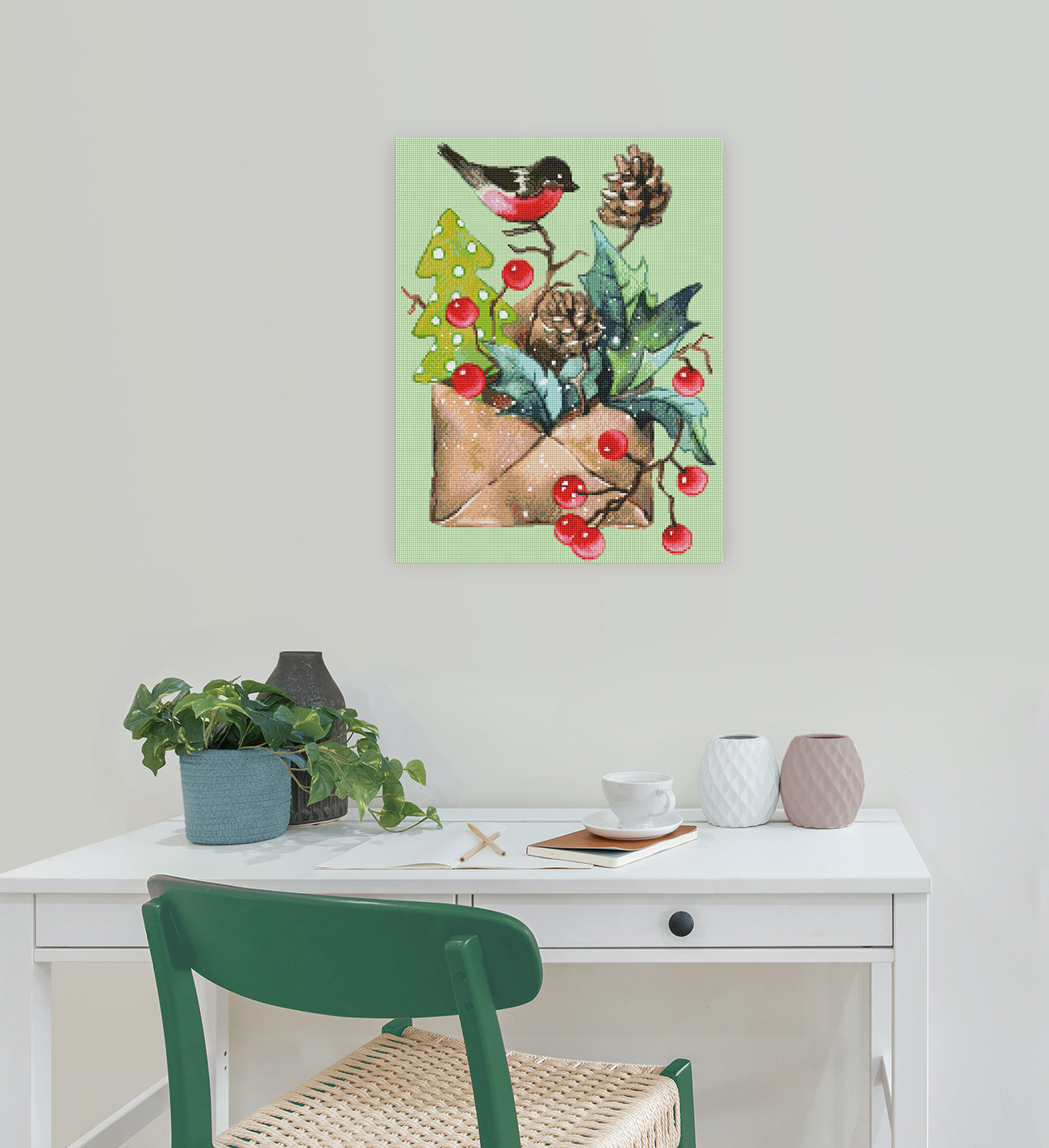 Festliches Diamond Painting mit weihnachtlichem Umschlag und winterlicher Naturdekoration als stimmungsvolle Wanddekoration