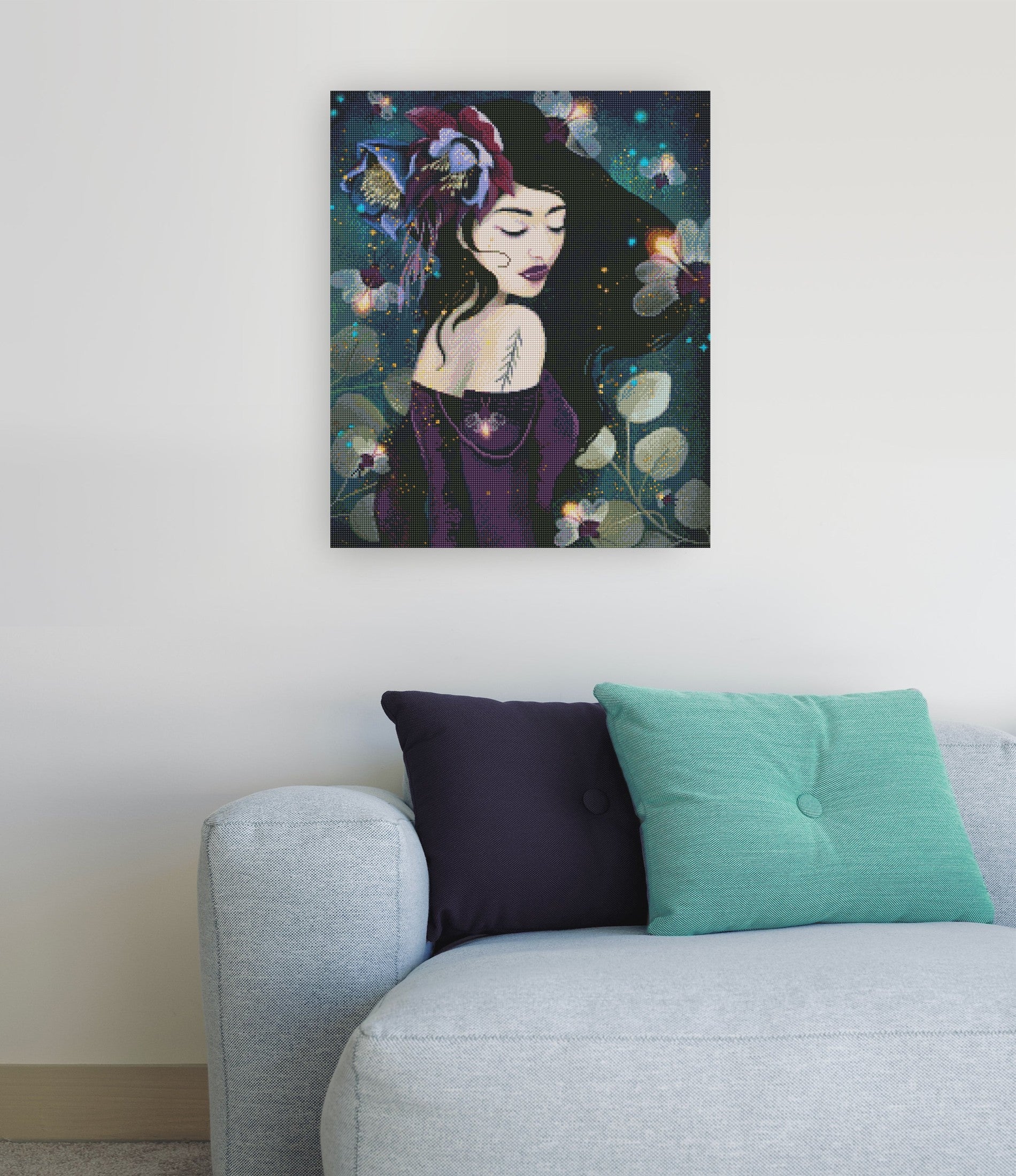 Stimmungsvolles Diamond Painting mit Mädchen und leuchtenden Glühwürmchen als zauberhafte Wanddekoration