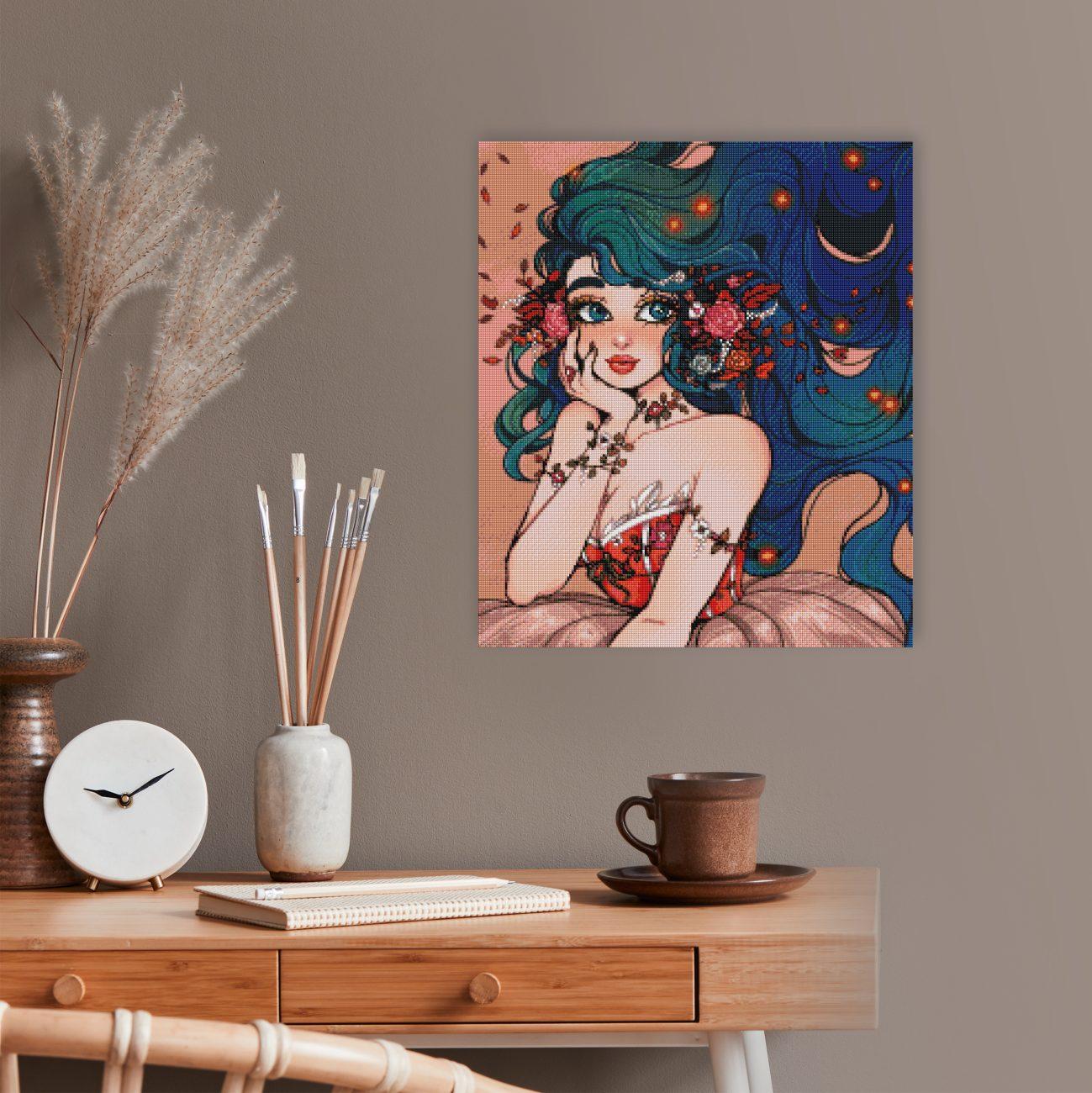 Diamond Painting Flora Portrait mit Blumen als elegante Fantasy Wanddekoration für dein Zuhause