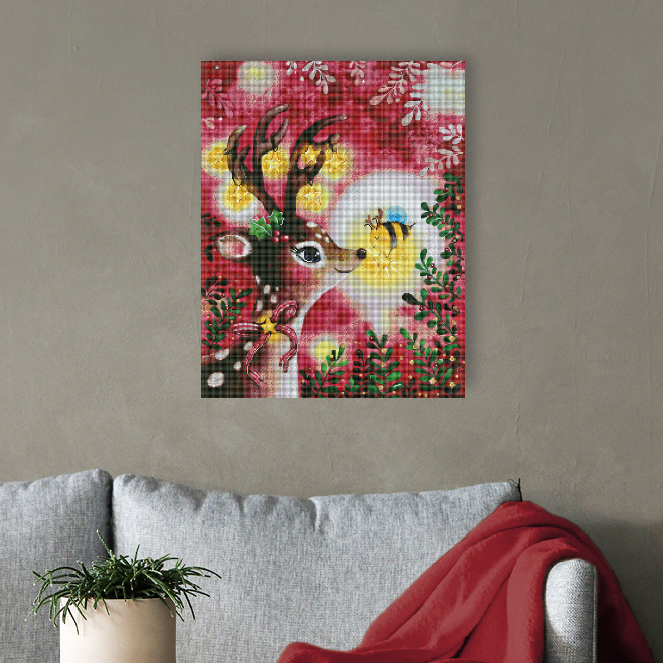 Diamond Painting Reh mit Sternen, Biene und Mistelzweigen als festliche Weihnachts Wanddekoration