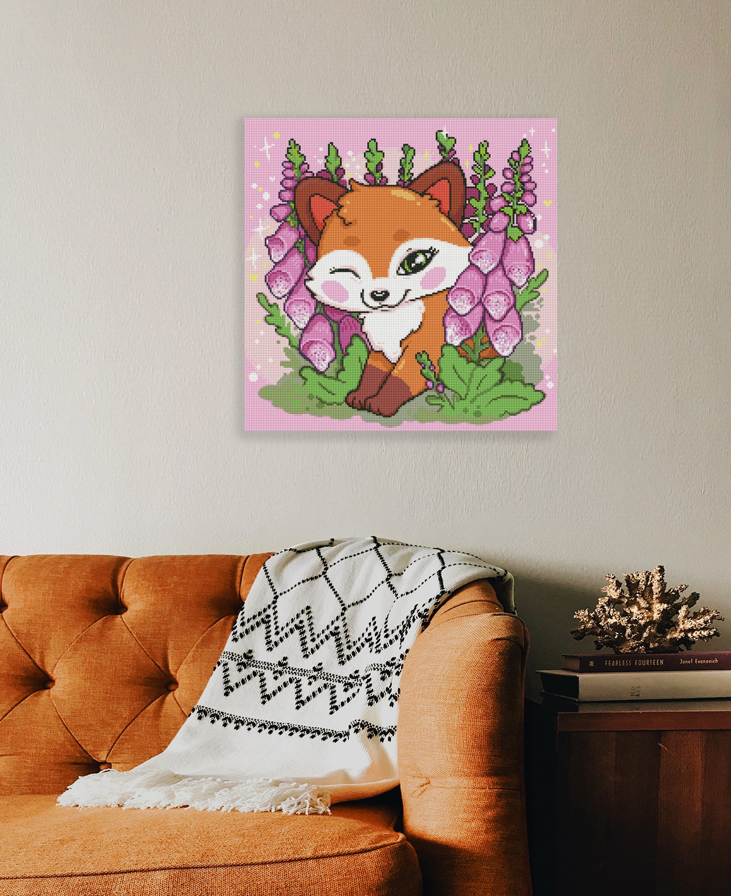Niedliches Diamond Painting mit Fuchs und blühendem Fingerhut als florale Wanddekoration