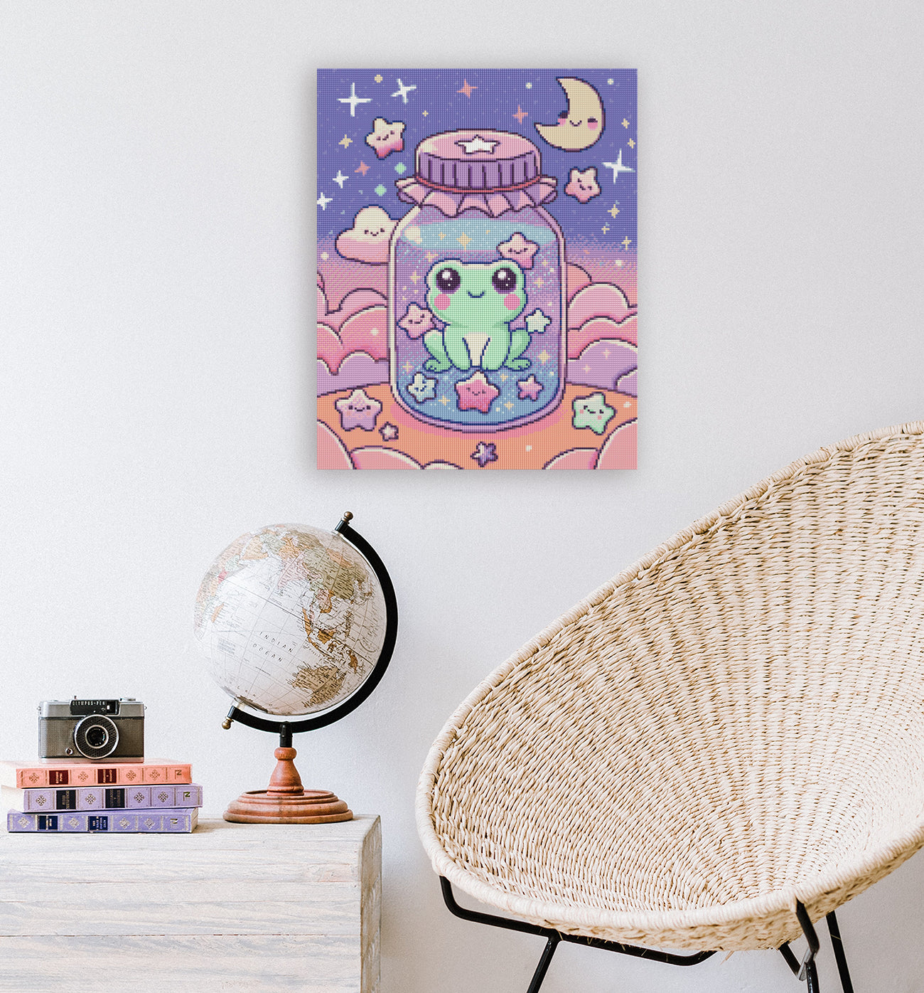 Verspieltes Fantasy-Diamond-Painting mit niedlichem Frosch, Sternen und Wolken als zauberhafte Wanddekoration für Fantasy- und Kawaii-Fans