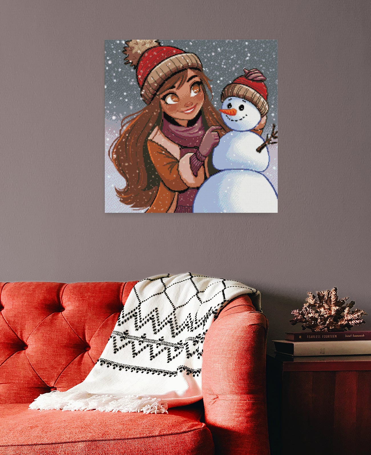Zauberhaftes Winter-Diamond-Painting mit Mädchen und Schneemann mit passenden Mützen und fallenden Schneeflocken als liebevolle Wanddekoration