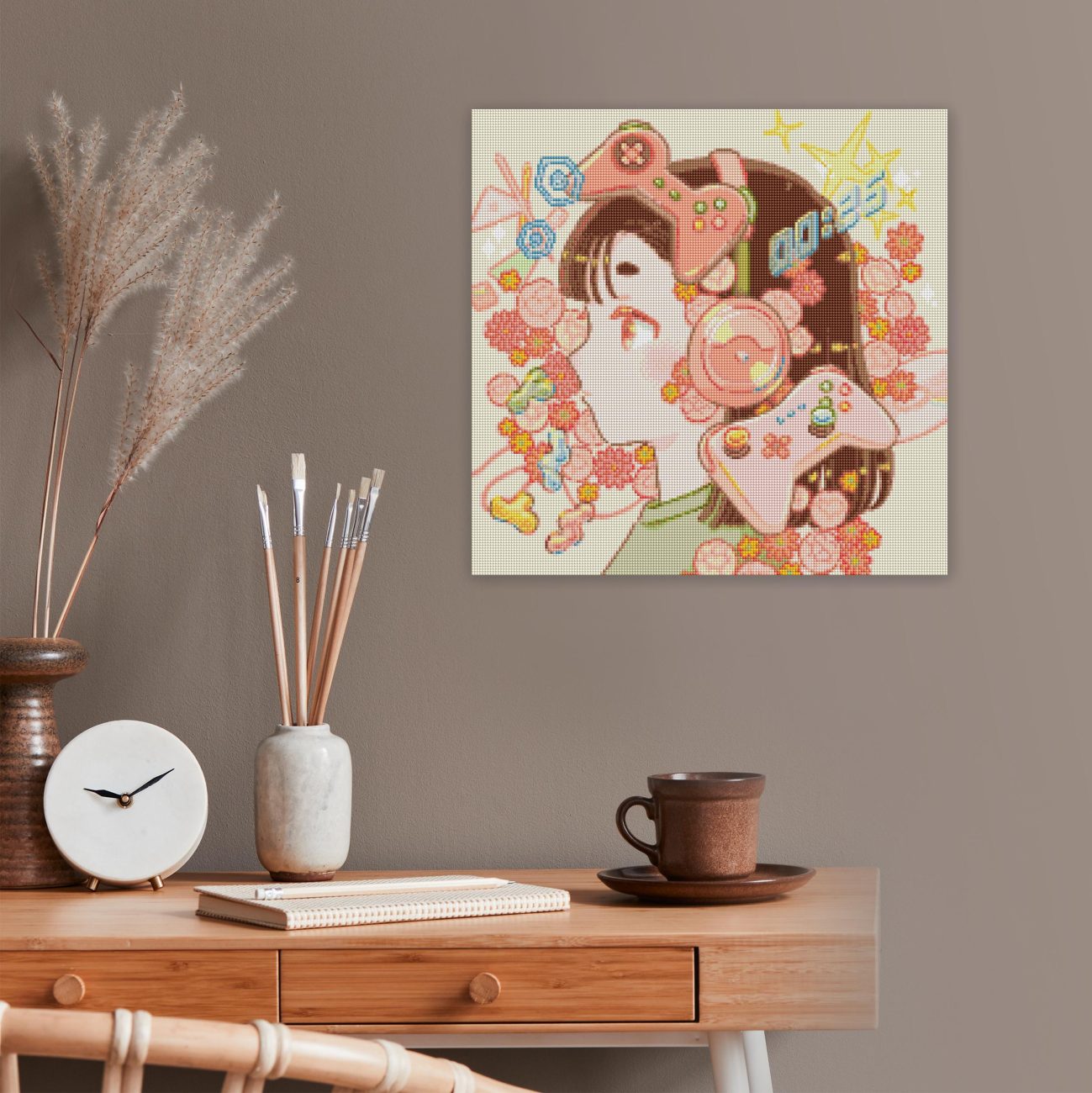 Diamond Painting von Hiroko mit Gaming Mädchen, Kopfhörern und Blumen als moderne Wanddekoration