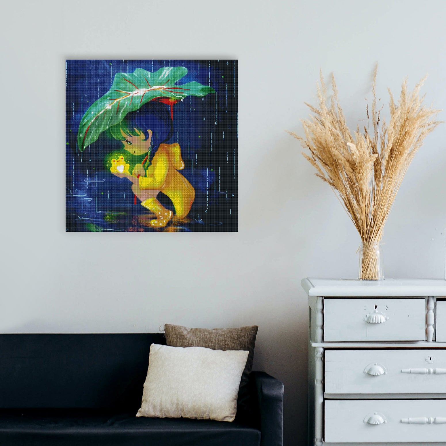 Stimmungsvolles Diamond Painting mit Mädchen, leuchtendem Frosch und Regenlandschaft als besondere Wanddekoration
