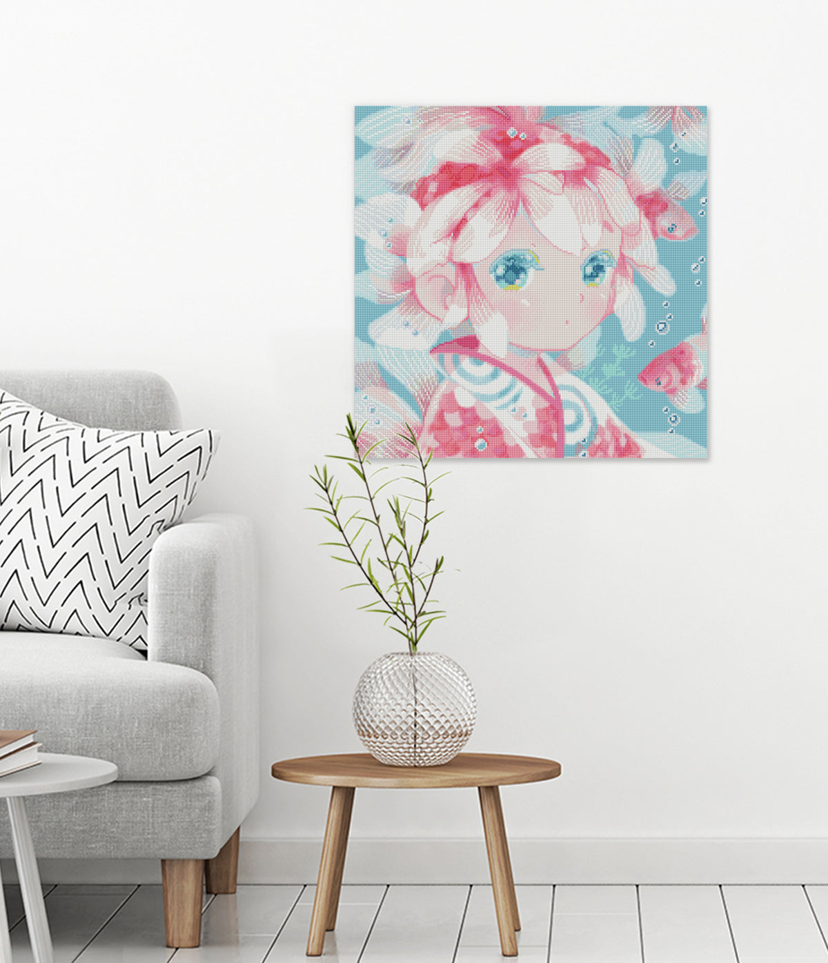 Fantasievolles Unterwasser-Diamond-Painting mit Kimono-Mädchen und pastellfarbenen Goldfischen als verträumte Wanddekoration