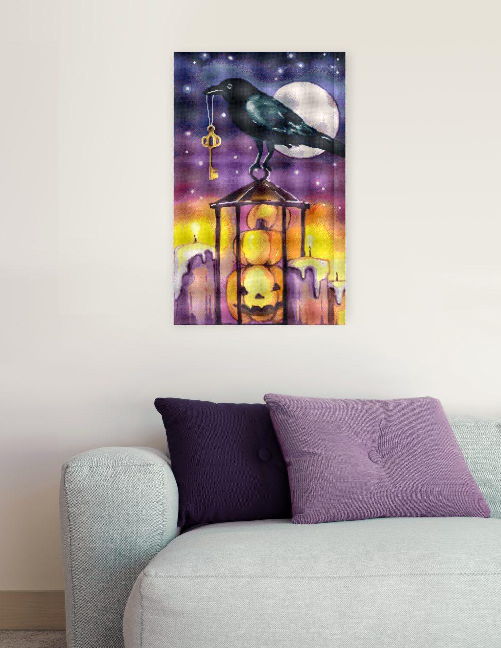 Diamond Painting Halloween Bild mit Rabe, Kerzen und Kürbissen als stimmungsvolle Saison-Dekoration