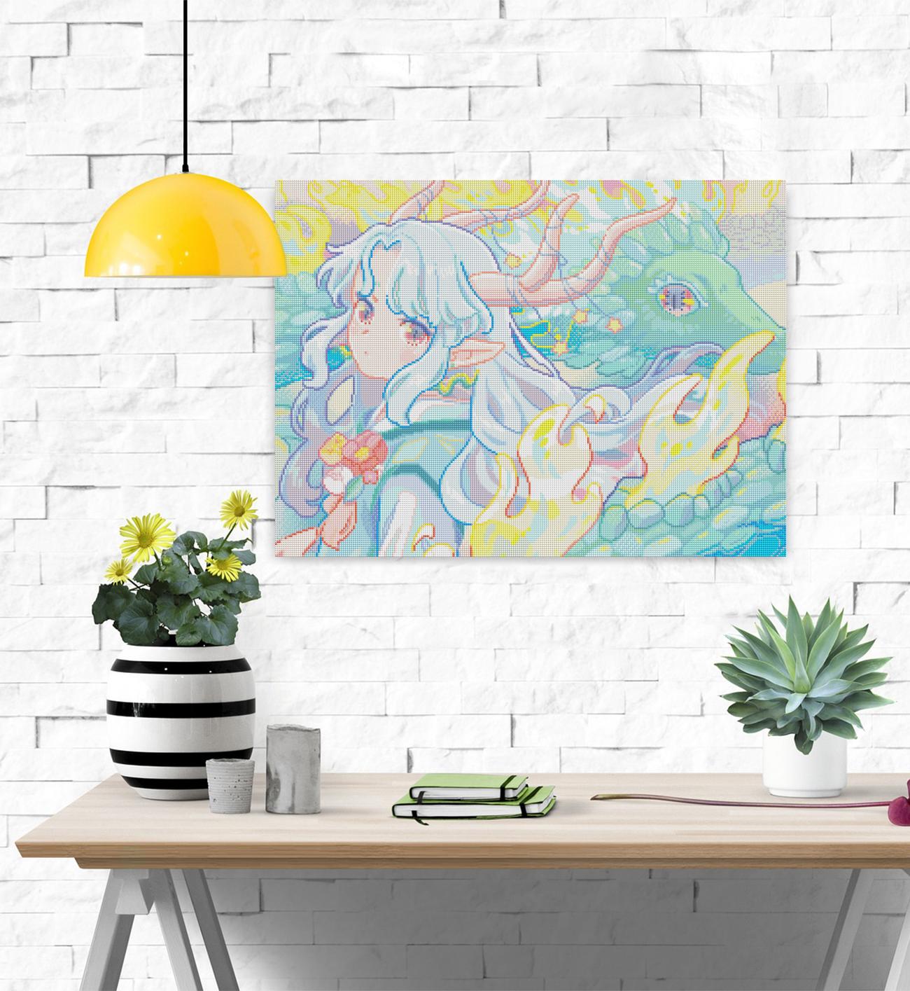 Diamond Painting von Hiroko mit Drache, Elfenwesen und magischer Atmosphäre als Fantasy Wanddekoration