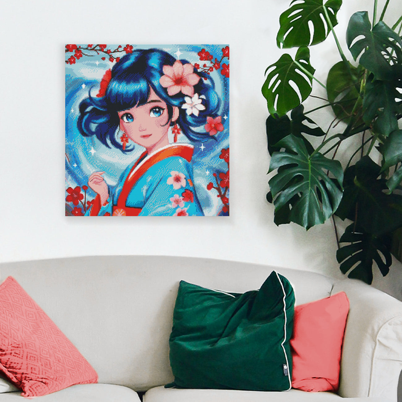 Japanisch inspiriertes Diamond Painting mit Kimono-Mädchen und großer Welle als eindrucksvolle Wanddekoration