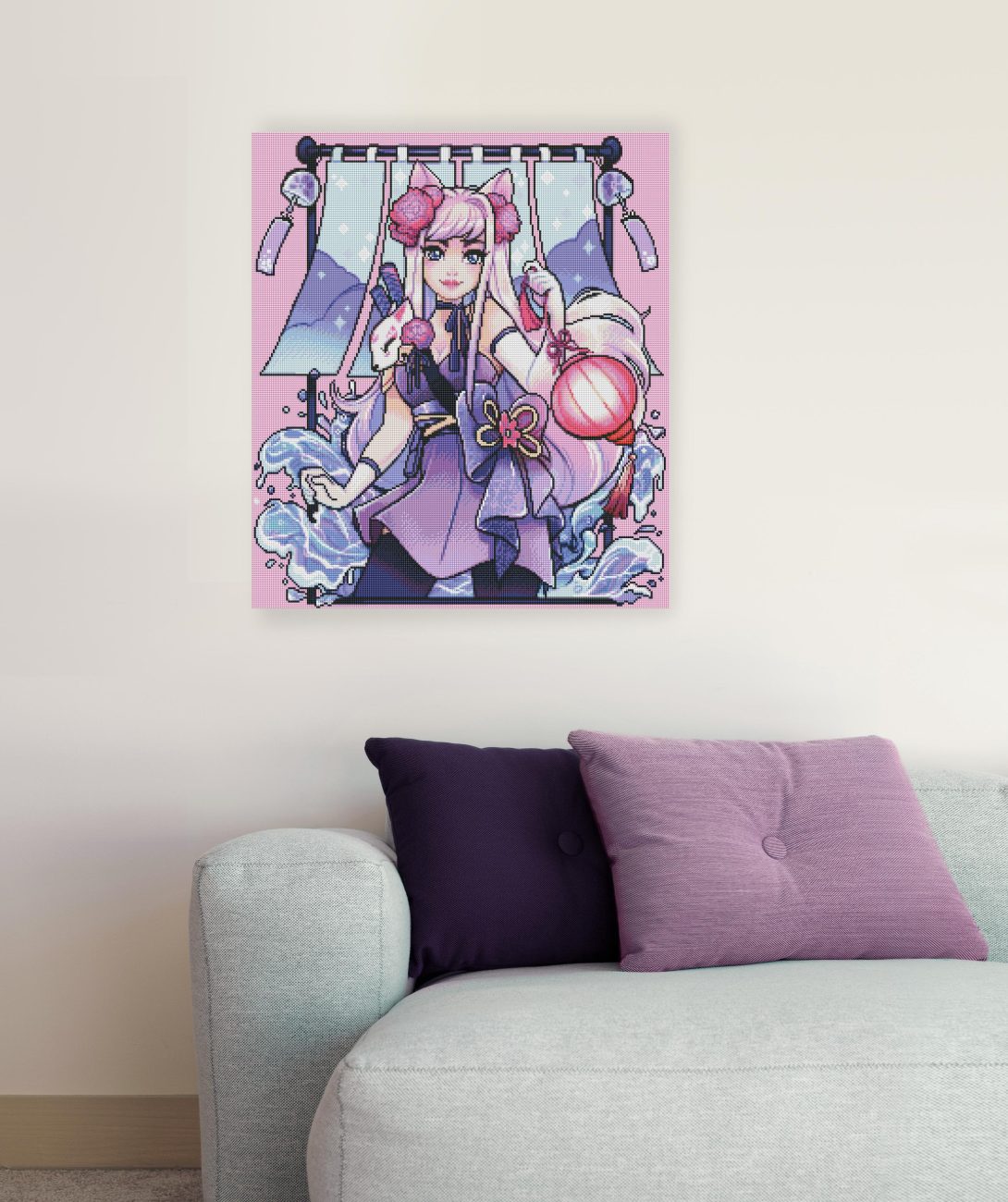 Diamond Painting Kitsune Mädchen mit Fuchsmaske als japanisch inspirierte Anime Wanddekoration