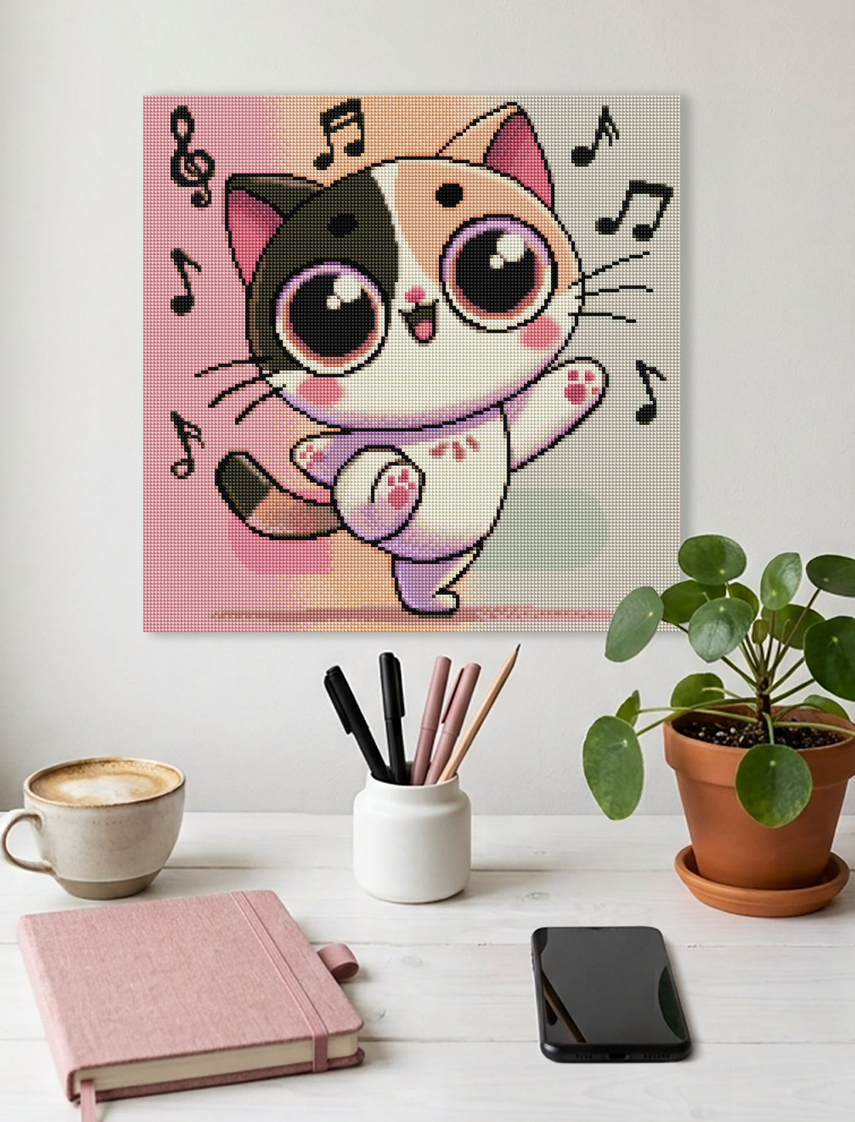 Niedliches Diamond Painting mit tanzendem Kätzchen und Musiknoten als verspielte Wanddekoration