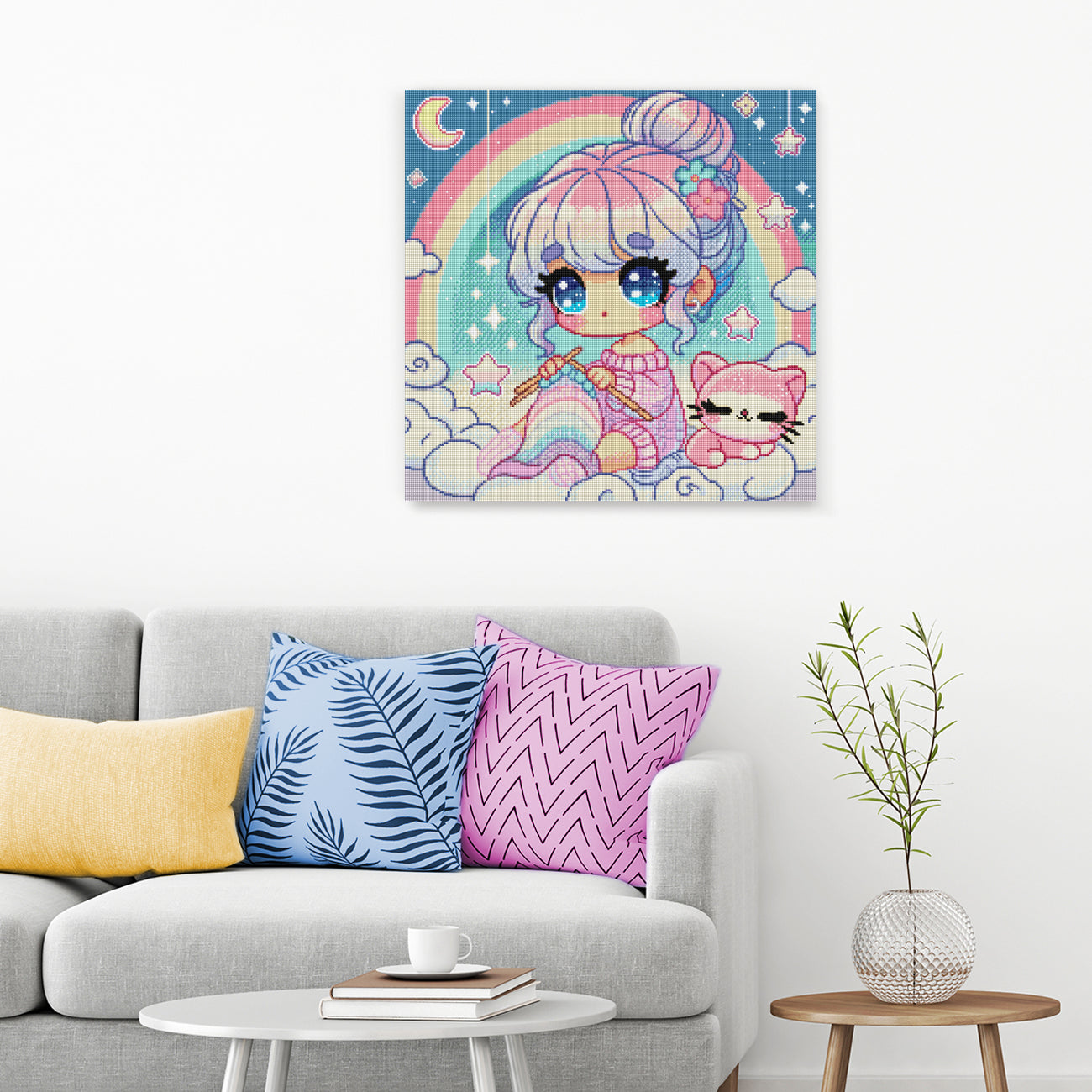 Diamond Painting Mädchen auf Wolke im Regenbogen Himmel beim Stricken als verträumte Wanddekoration im Kinder- oder Hobbyzimmer